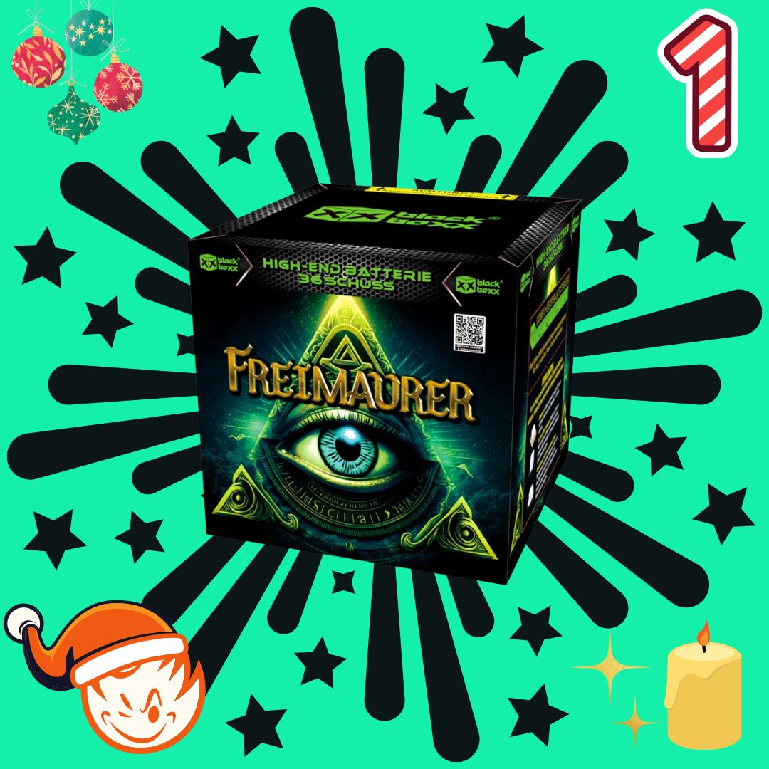Eine festliche Schachtel mit Blackboxx Freimaurer-Feuerwerk, Teil des #ADVENTSDEAL 1 🎅-Pakets, zeigt ein faszinierendes Augen- und Dreiecksdesign auf einem mit Sternen, Weihnachtsdekorationen und einer zuckerstangengestreiften „1“ geschmückten Hintergrund. Diese Feuerwerksbatterie liefert ein beeindruckendes 36-Schuss-Display, das Ihre Feierlichkeiten erhellt.