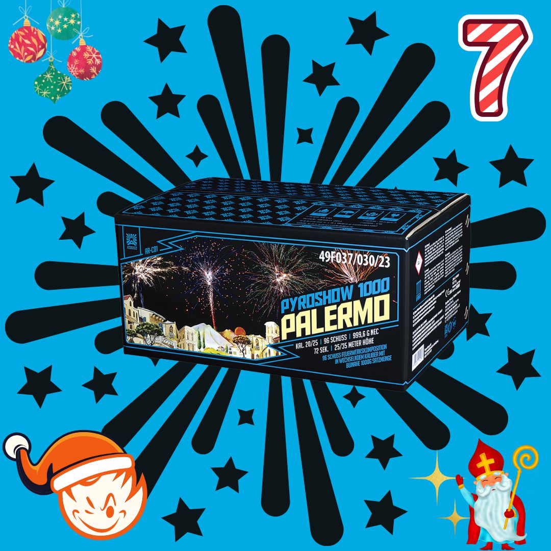 Eine Schachtel mit Argentos #ADVENTSDEAL 7 🎅 Pyroshow 1000-A Palermo 96 Schuss-Feuerwerk vor einem hellblauen Hintergrund mit schwarzen Sternenexplosionen, geschmückt mit festlichen Grafiken wie dem Weihnachtsmann, einer Elfe, Schneeflocken und der Zahl 7 für ein lebendiges und farbenfrohes Fest.