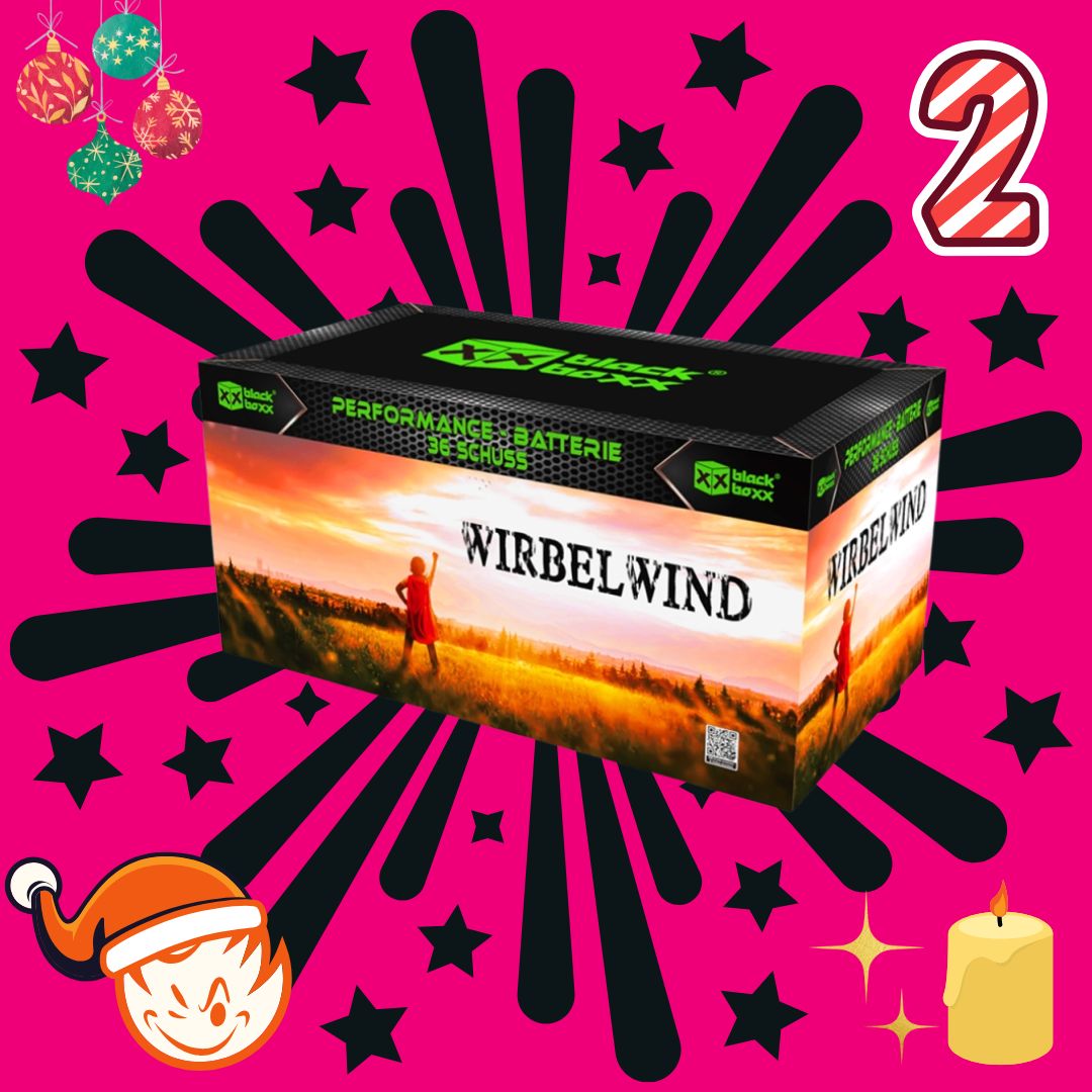 Eine lebendige Anzeige präsentiert die Feuerwerksbox „Blackboxx Wirbelwind 36sh“ von Blackboxx. Ein festlicher rosa Hintergrund, geschmückt mit schwarzen Sternen, einem Hut, einer Kerze und Ornamenten, verleiht Charme. Die prominente Nummer 2 unterstreicht den #AVENTSDEAL-Status dieser High-End-Feuerwerksbatterie.