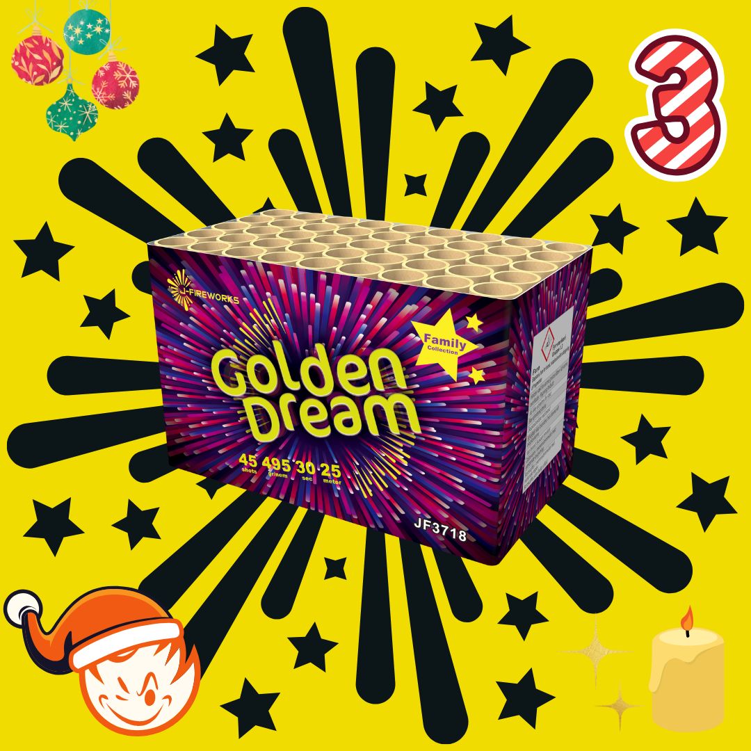 Eine farbenfrohe Feuerwerksbox mit dem Titel „#ADVENTSDEAL 3 🎅 Golden Dream 45sh“ von J-Fireworks zeigt eine Reihe von Sternen, festliche Illustrationen und einen kräftigen gelben Hintergrund. Zu den dekorativen Elementen gehören eine Weihnachtsmannmütze, eine Kerze und eine Schneeflocke.