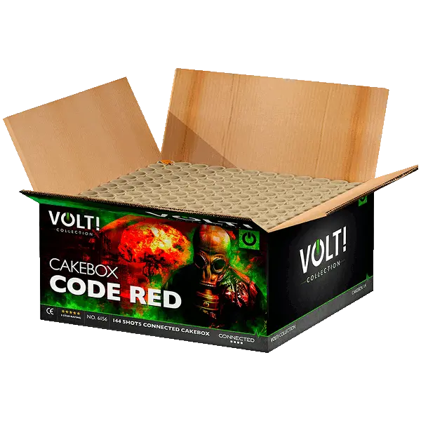Eine geöffnete Pappschachtel mit der Aufschrift "VOLT! Code Red" zeigt eine Explosion und eine gasmaskierte Figur; dieses Verbundfeuerwerk von VOLT! enthält 144 Aufnahmen, die in einem Raster unter dem markanten VOLT!.
