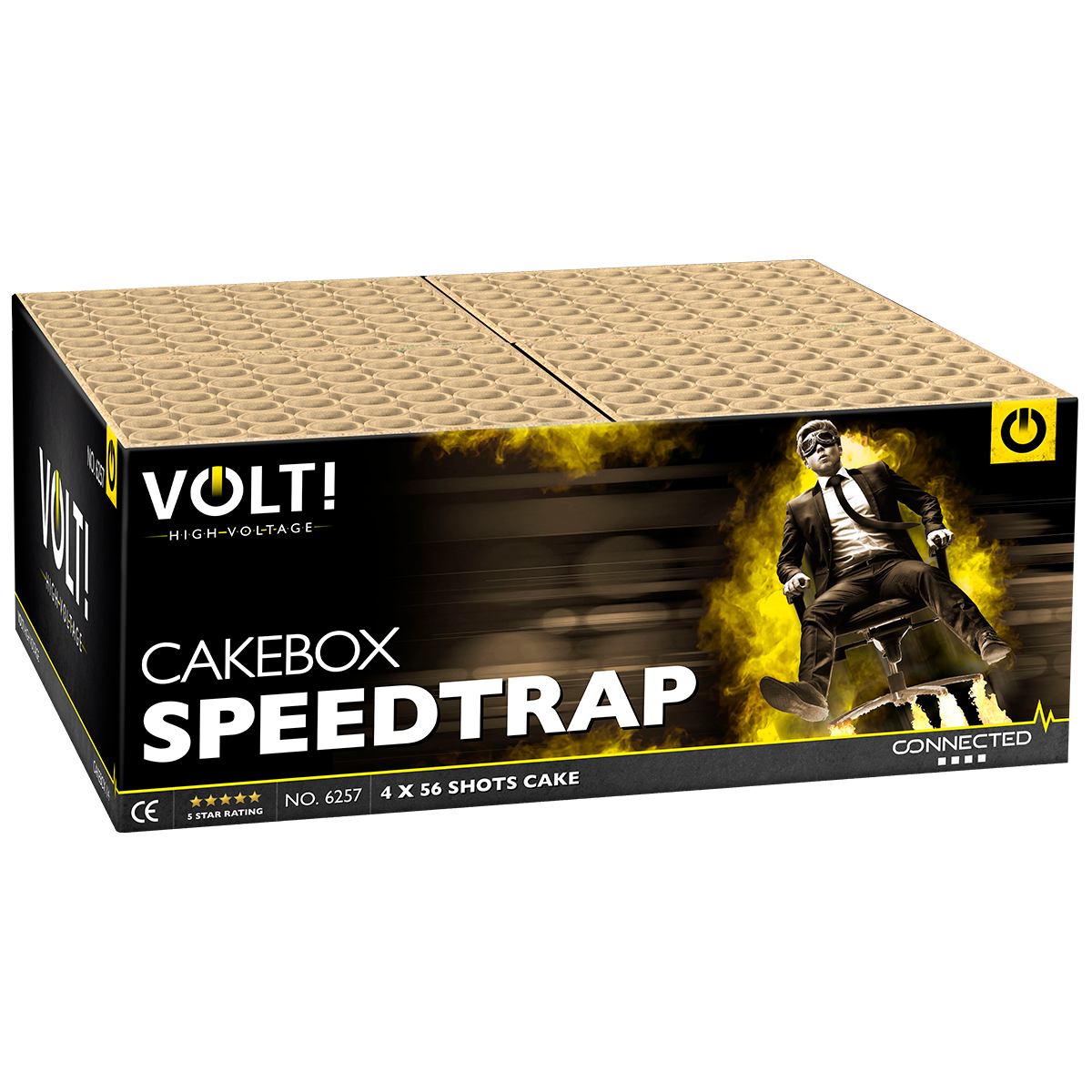 Eine rechteckige Schachtel mit der Aufschrift "VOLT! Speedtrap Verbundfeuerwerk 224sh" von VOLT! zeigt einen Mann in einem Anzug, der in einem Stuhl zurückgeschleudert wird, mit einem gelb-schwarzen Design und einem Text, der 224 Schuss Feuerwerk anzeigt.