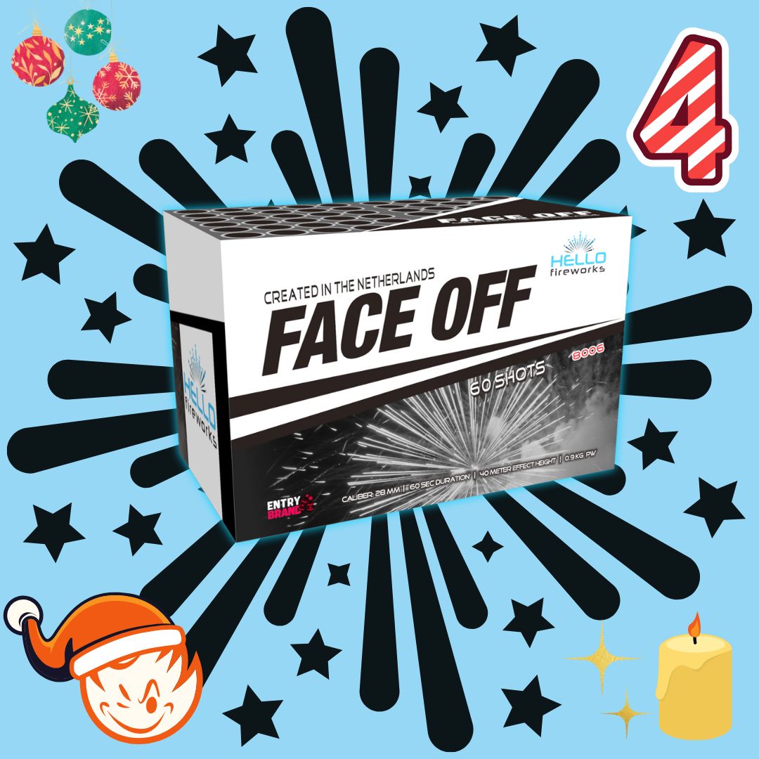 Eine lebendige festliche Kulisse mit Feuerwerk, Weihnachtsschmuck und Cartoons umrahmt eine Box mit der Aufschrift „#ADVENTSDEAL 4 🎅 HELLO Face Off 60sh Compound“ von Hello aus den Niederlanden. Ein Sternendesign verstärkt die farbenfrohe Feier dieser Verbundfeuerwerk-Ausstellung.