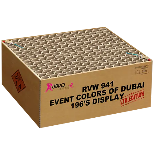 Eine große Rubro "Event Colors of Dubai 196's" Box mit vielen zylindrischen Röhren, beschriftet mit "LTD. EDITION" und einem Feuerwerkssymbol - ideal für ein buntes Event Colors of Dubai Verbundfeuerwerk.