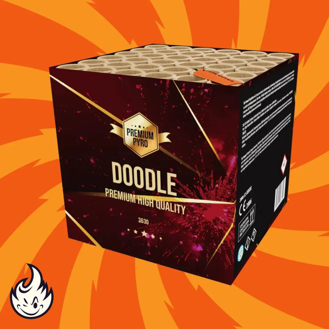 Eine Schachtel FWS Doodle 36sh von FWS - Strike mit 36 Schuss und einem Kaliber von 25 mm befindet sich auf einem orangefarbenen Hintergrund mit strahlenden Streifen und einem Flammenlogo unten links. Die dunkle Schachtel hat goldene und rote Akzente.