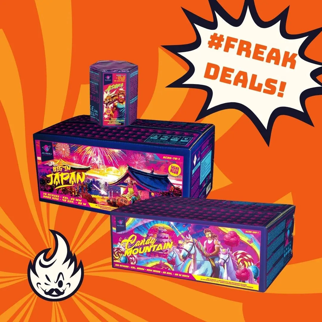 Drei leuchtende #FREAKDEAL 💕 Albert Pyroboss Boxen von FEUERWERK OUTLET sind auf einem orangefarbenen Burst mit Flammenlogo und Comic-Sprechblase abgebildet: "#FREAK DEALS!"-sichere dir deinen zum Outletpreis im ALBERT Freak-Deal!.