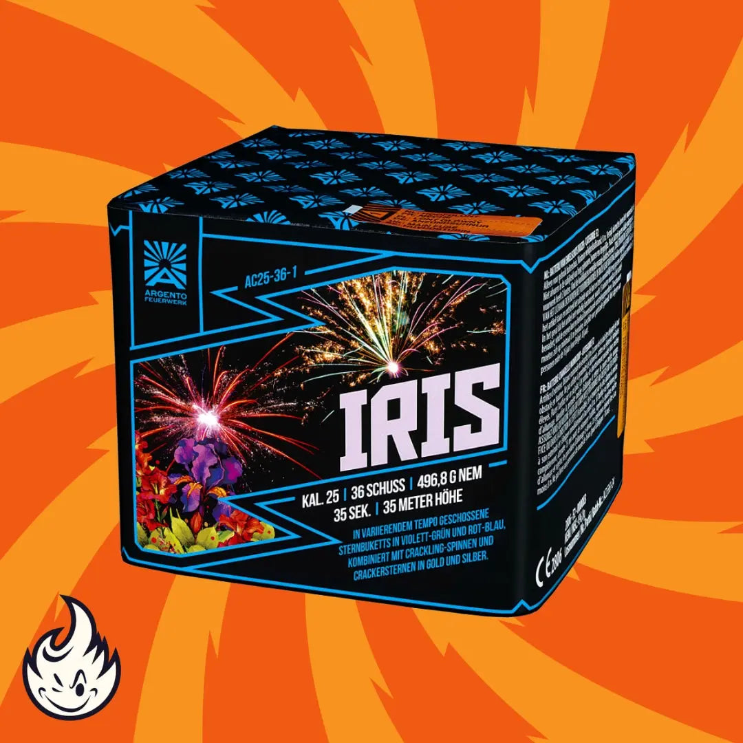 Eine Schachtel mit "Argento Iris 36sh" Feuerwerkskörpern von Argento ist vor einem orangefarbenen Hintergrund ausgestellt. Die Verpackung zeigt Bilder von farbenfrohen Feuerwerkskörpern und deutsche Produktdetails, mit blauen und schwarzen Design-Akzenten.
