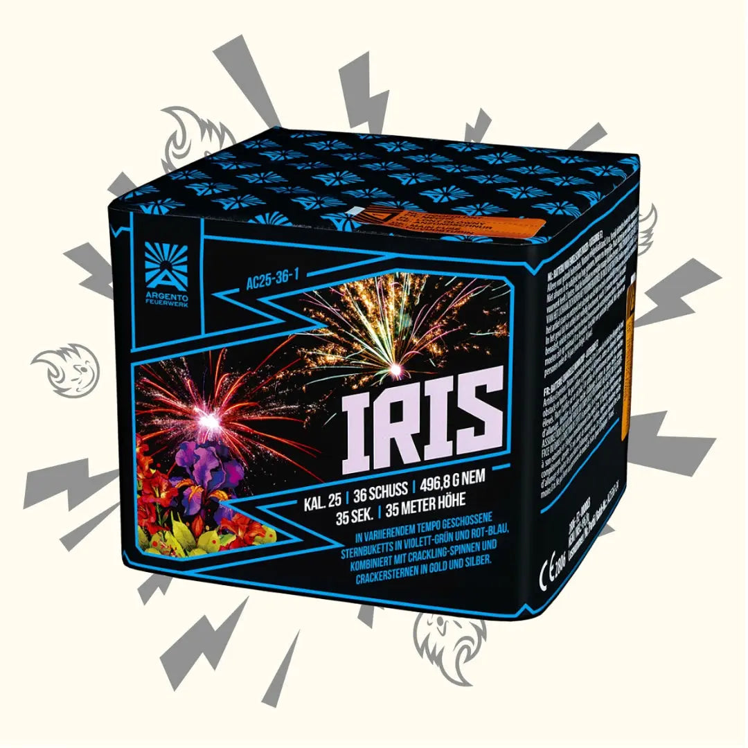 Die leuchtende Feuerwerksdose Argento Iris 36sh von Argento zeigt auf ihrer Verpackung dynamische Himmelsblitze, die 36 Schüsse und eine Dauer von 35 Sekunden hervorheben.
