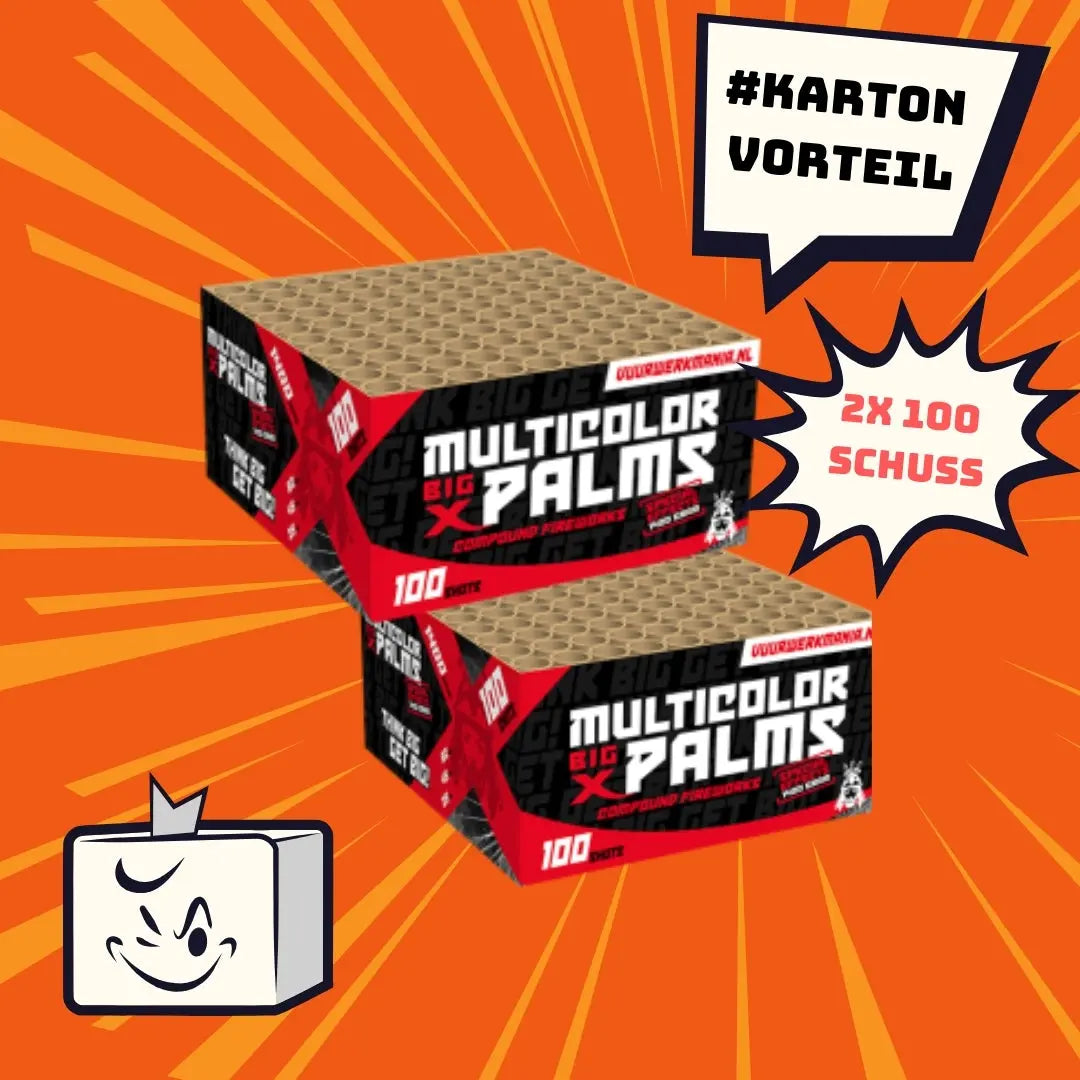 Zwei Schachteln Geisha 'BIG X' Multicolor Palms 100's (2x100 Schuss) von Feuerwerk-Outlet.de sind auf einem orangefarbenen Burst-Hintergrund gestapelt. In Textblasen steht "#KARTONVORTEIL" und "2x100 SCHUSS". In der Ecke erscheint eine lächelnde weiße Schachtelkarikatur.