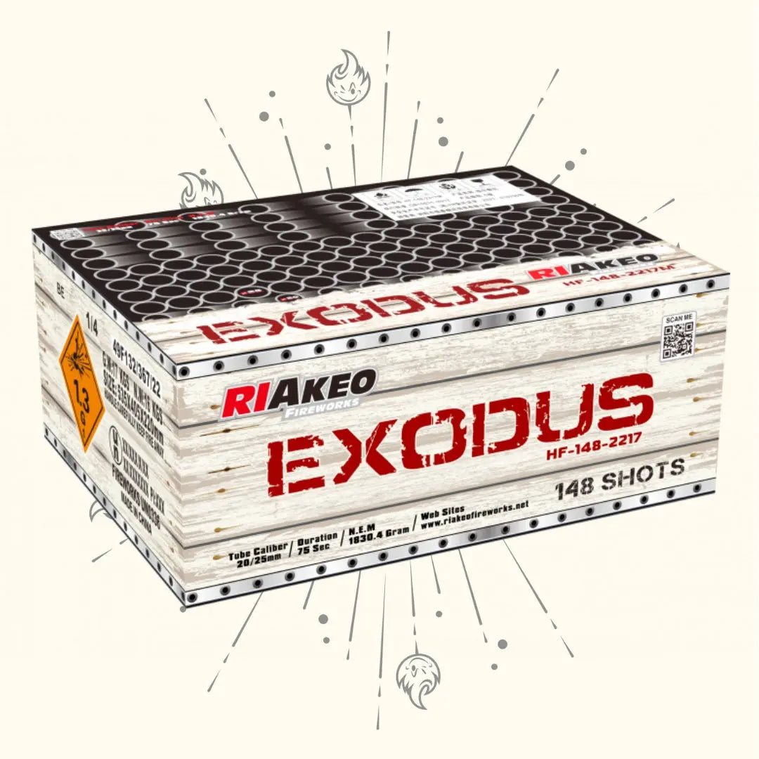 Die rechteckige RIAkeo Exodus Compound-Feuerwerksbox von RIAkeo ist mit einem Holzmuster versehen und enthält Informationen über 148 Schuss, Dauer und Effekte. Oben befinden sich schwarze Luntenlöcher, während Flammensymbole den Hintergrund schmücken.
