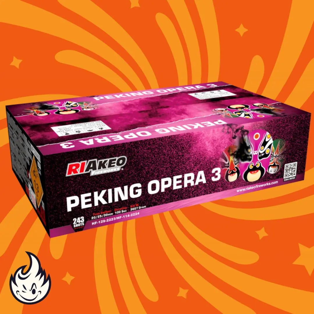 Die farbenfrohe Box "RIAkeo Peking Opera 3" von RIAkeo zeigt ein Feuerwerk und stilisierte Opernmasken auf einem orangefarbenen, wirbelnden Hintergrund mit Flammenlogo - ein ideales XXL-Verbundfeuerwerk für jedes Display.