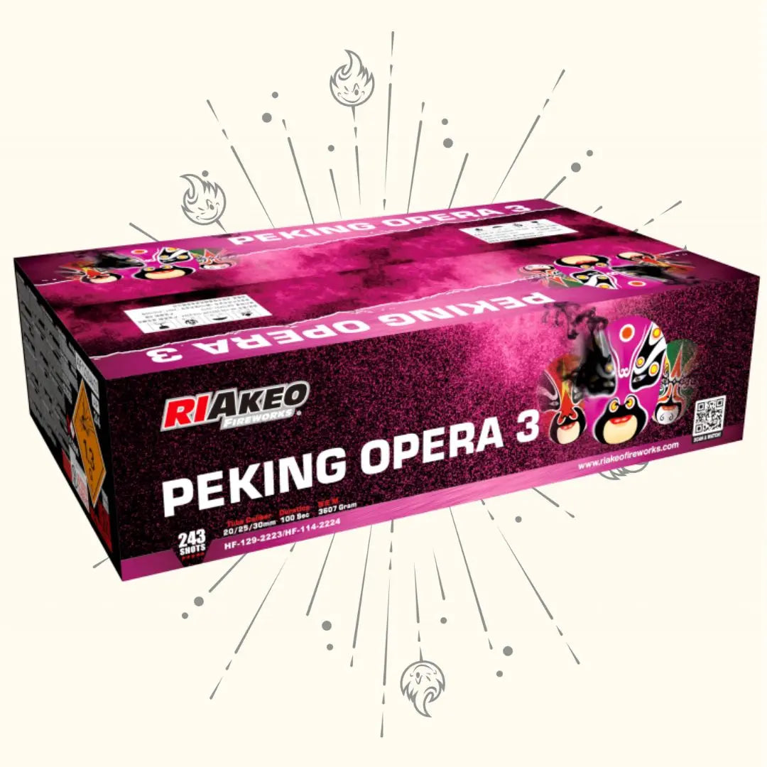 Eine rechteckige Schachtel mit RIAkeo Peking Opera 3 von RIAkeo, mit einem rosa-schwarzen Design, das bunte Opernmasken und Starburst-Grafiken zeigt.