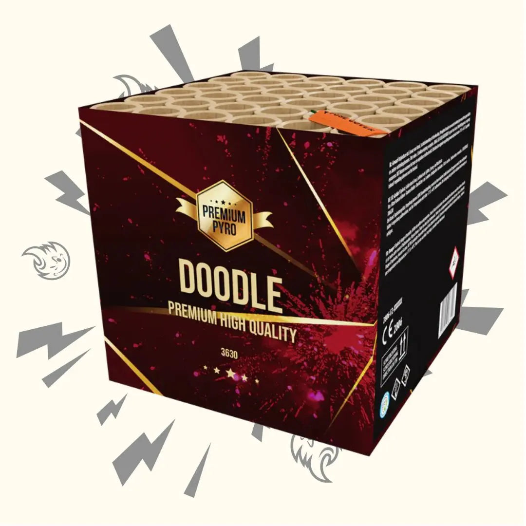 Die große, rot-schwarze FWS Doodle 36sh Feuerwerksbatterie von FWS - Strike verfügt über goldene Akzente, Feuerwerksgrafiken und liefert 36 spektakuläre 25-mm-Effekte, die vor einem hellen Hintergrund mit illustrierten Funken stehen.