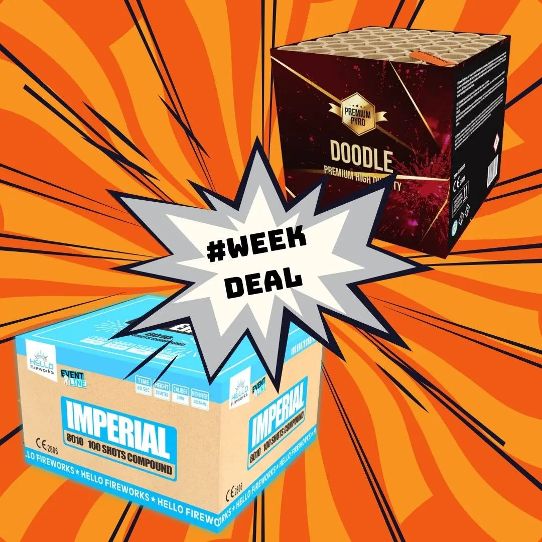 FEUERWERK OUTLET's "#WEEKDEAL 3 🔥" steht vor einem orangefarbenen Comic und einem Stern mit der Aufschrift "#WEEK DEAL" und hebt dieses Top-Angebot von Verbundfeuerwerk und Feuerwerksbatterie hervor.