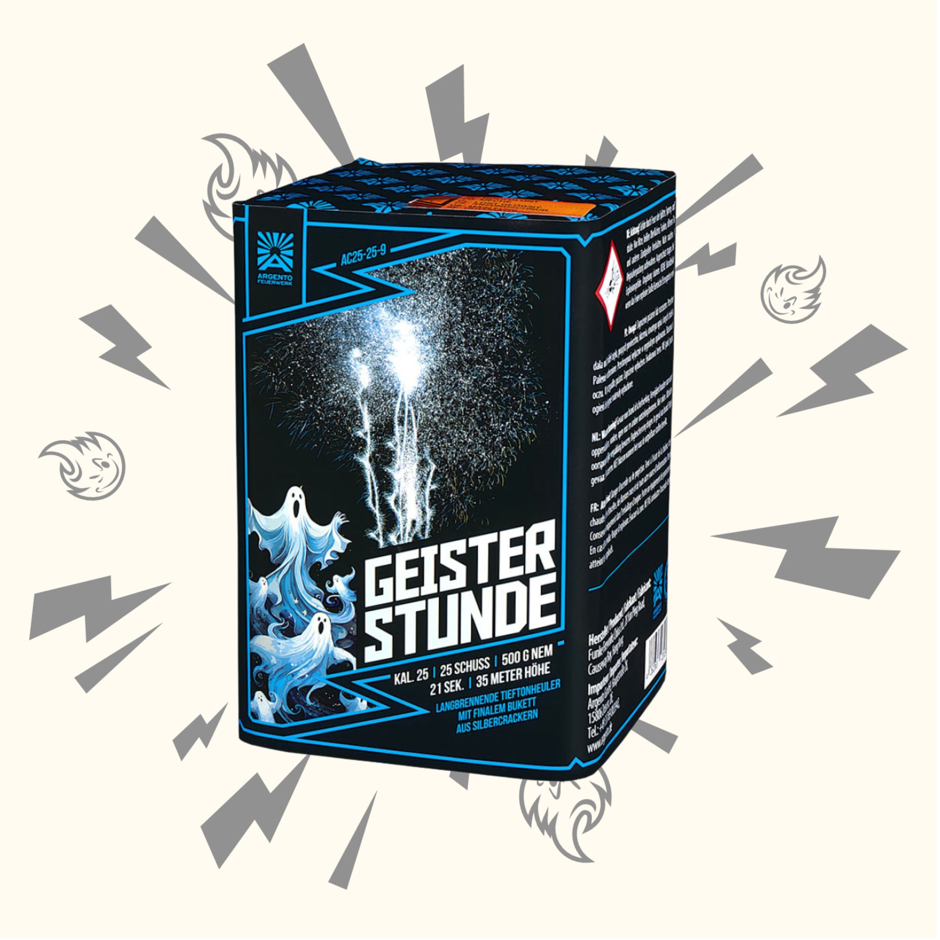 Die Argento Geisterstunde Howling Feuerwerksbatterie 25sh von Argento zeigt Geisterillustrationen und weiße Funken, mit verspielten Feuerwerks- und Geistersymbolen, die aus dem Hintergrund strahlen.