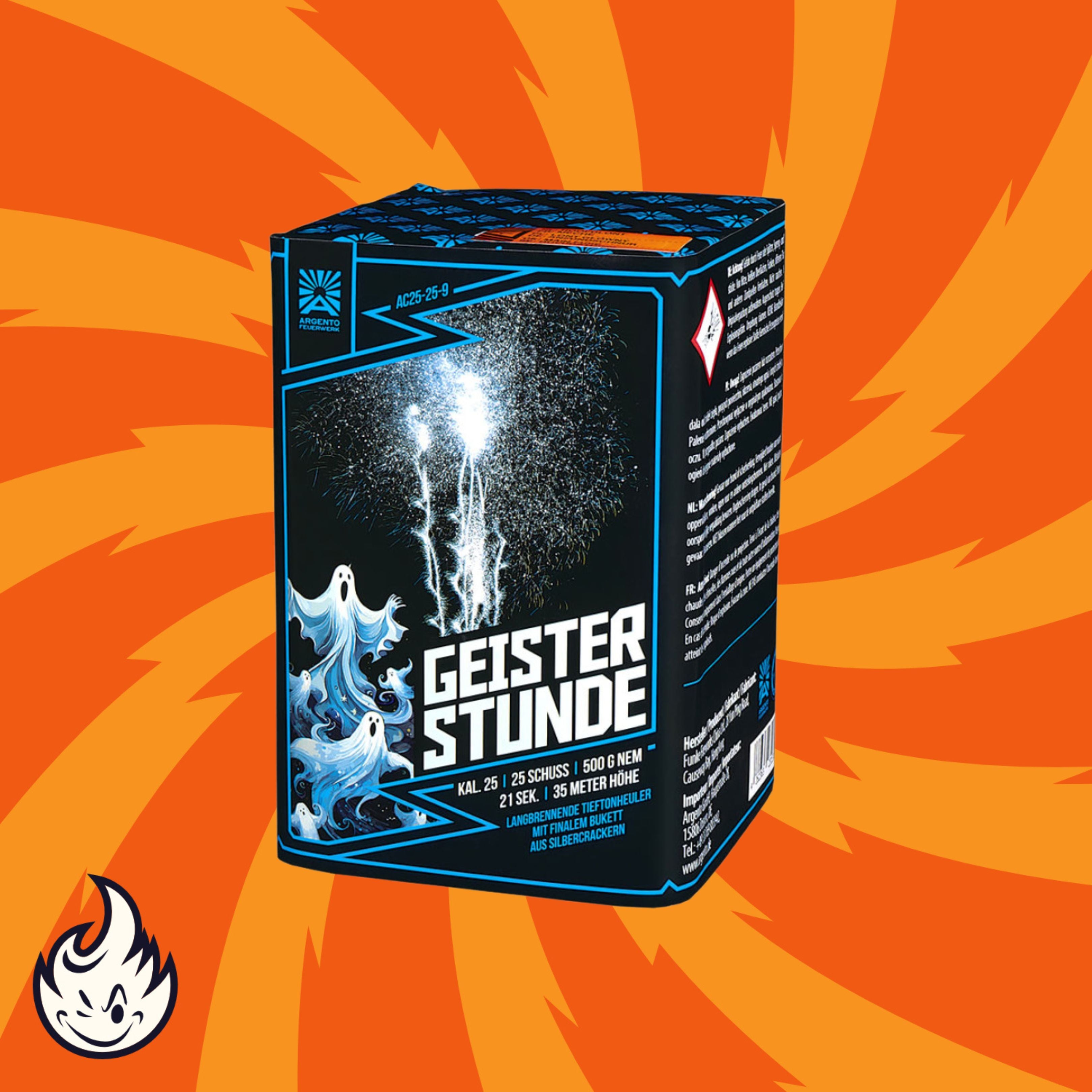 Die Argento Geisterstunde Howling Feuerwerksbatterie 25sh-Box von Argento zeigt Geisterkunst und funkelndes Feuerwerk auf einem orangefarbenen Hintergrund mit wirbelnden Linien sowie eine Zeichentrickfigur mit Flamme in der unteren linken Ecke.