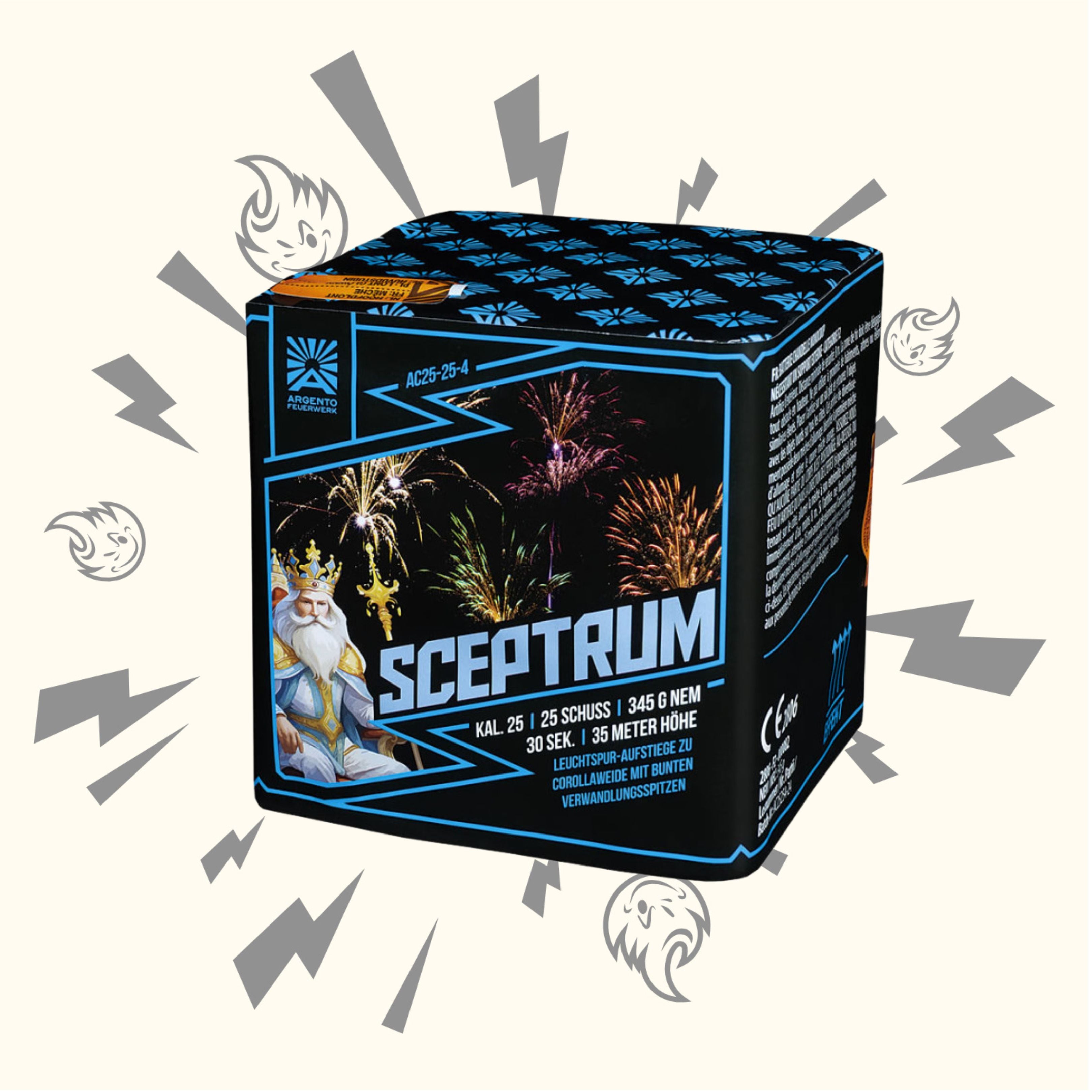 Eine farbenfrohe Feuerwerksbox vom Typ Argento Sceptrum Feuerwerksbatterie 25sh zeigt einen Zauberer, leuchtendes Feuerwerk, Blitze und geisterhafte Symbole auf einer hellen Oberfläche.