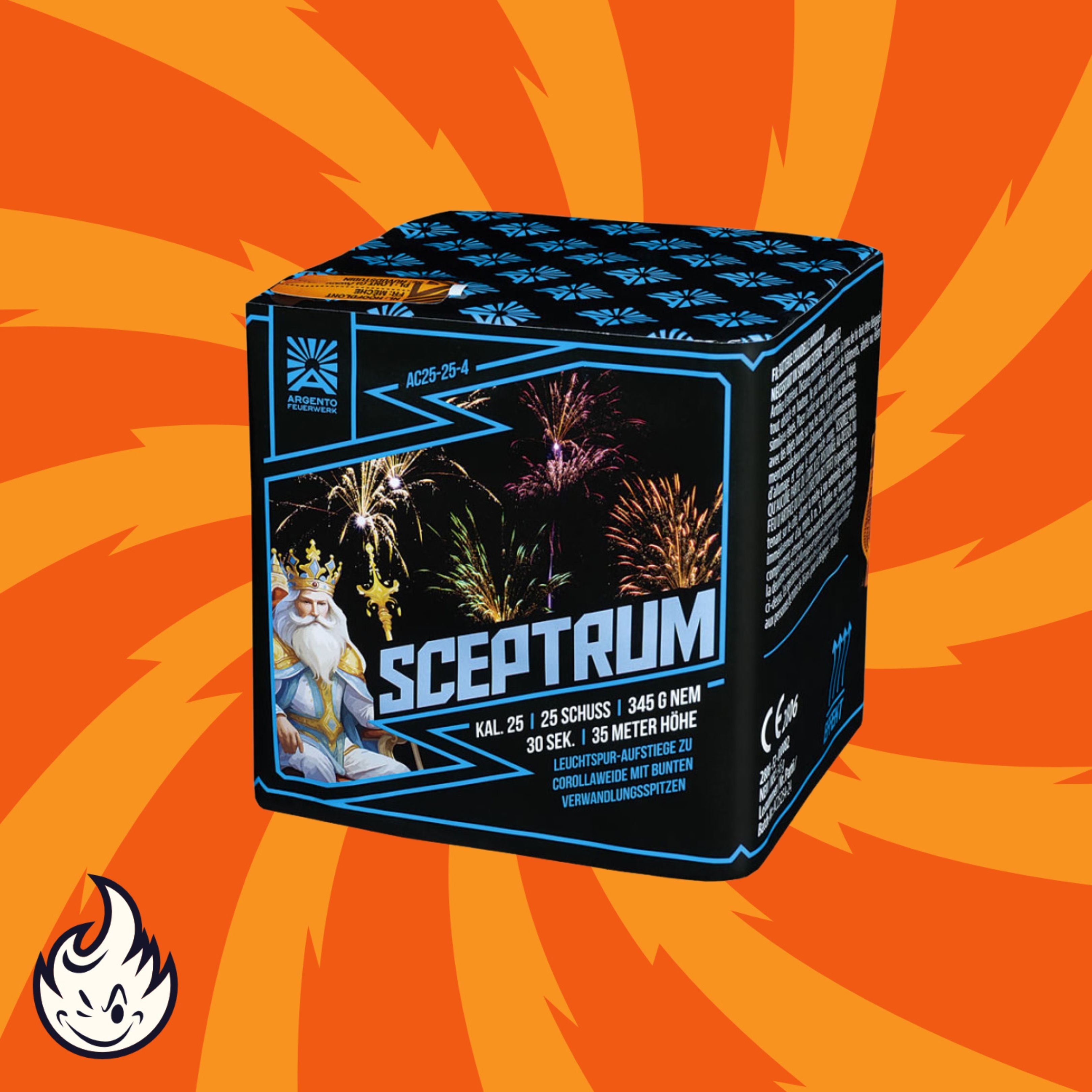 Eine Schachtel Argento Sceptrum Feuerwerksbatterie 25sh von Argento mit einer Königsillustration, Feuerwerksgrafiken, fettem blauen Text auf orangefarbenem Hintergrund mit gelben Wirbeln und einem Flammenlogo in der Ecke.