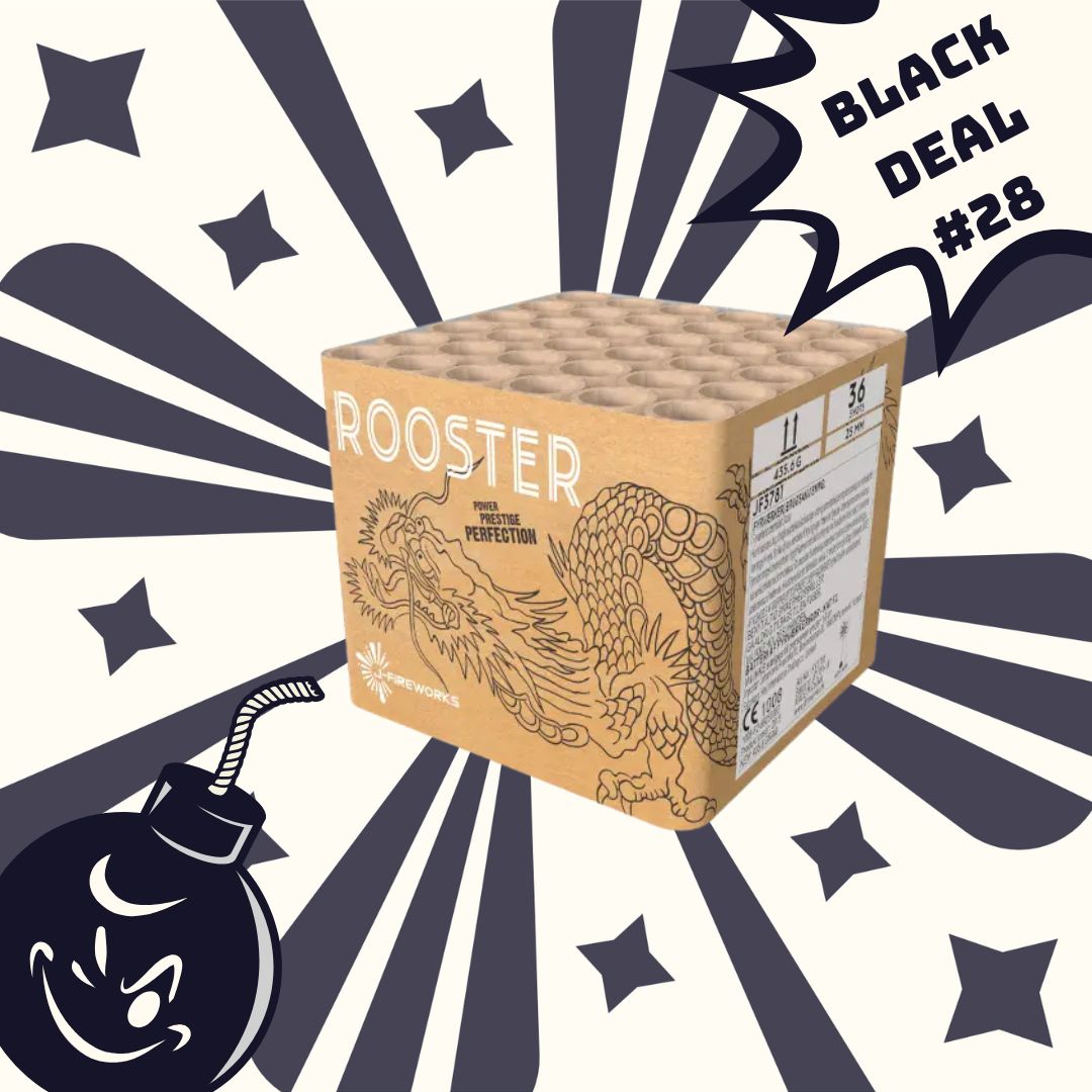 Der #BLACKDEAL 28 Rooster 36sh von J-Fireworks verfügt über eine Box mit einer Drachenillustration, Sternen, Strahlen und einer Smiley-Cartoon-Bombe. Perfekt, um Ihrem Schuss Spannung zu verleihen!.