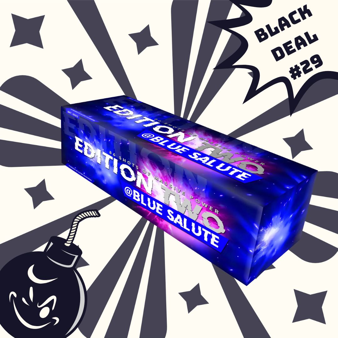 Das #BLACKDEAL 29 Katan Edition 2 - BLUE Salute Compound der Marke Katan zeichnet sich durch ein lebendiges kosmisches Design aus. Es zeigt ein auffälliges schwarz-weißes Burst-Muster mit einer auffälligen Cartoon-Bomben-Illustration, in deren Ecke stilvoll „Black Deal #29“ eingraviert ist.