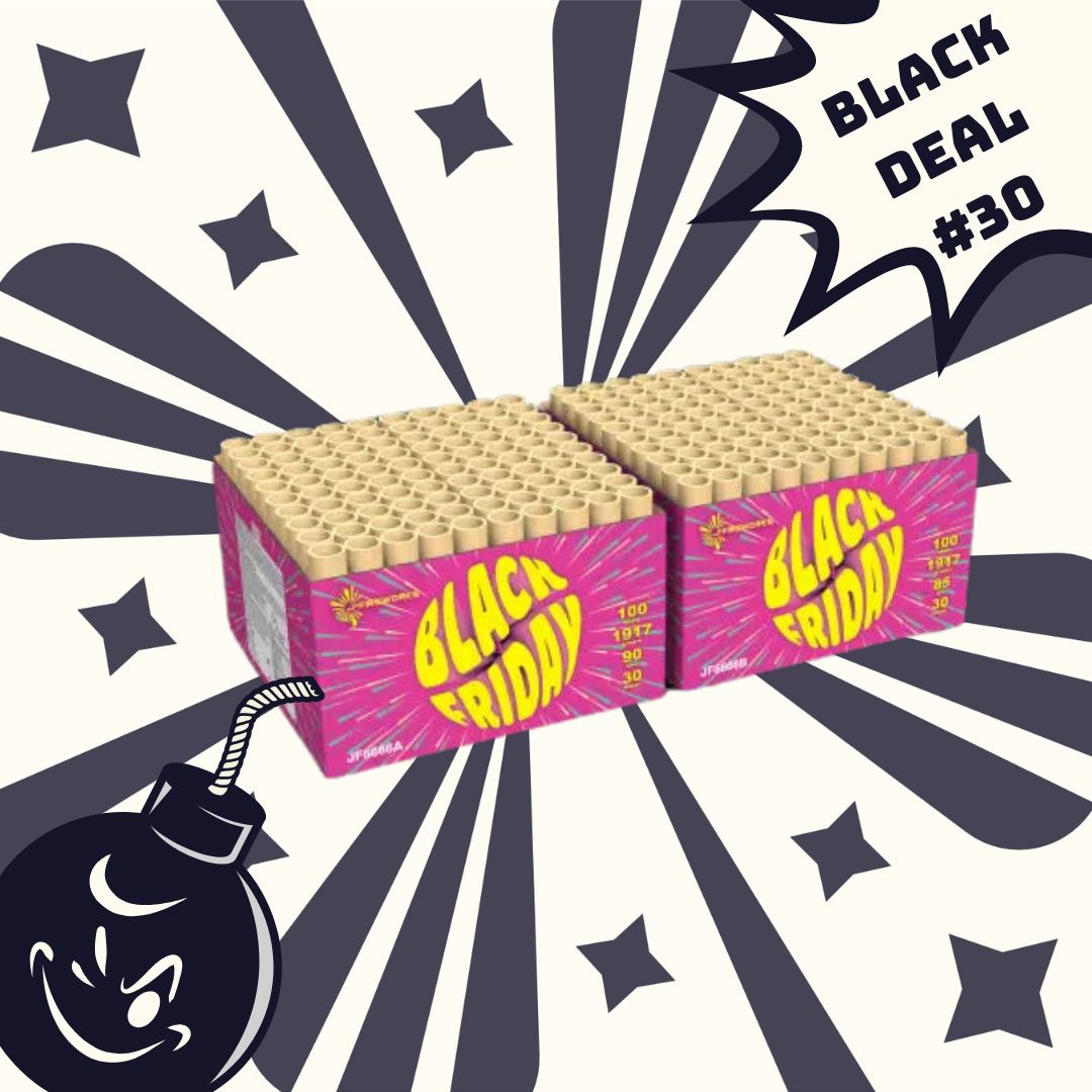 Eine lebendige Black Friday-Werbung präsentiert J-Fireworks‘ #BLACkDEAL 30 Black Friday Pink Flowerbeds, geschmückt mit Sternenhimmel und Bombengrafiken. Eine Sprechblase verkündet „Black Deal #30“ und sorgt so für zusätzliche Spannung bei der BlackWeek DEAL-Aktion.