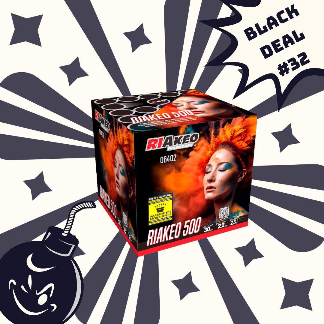 Eine farbenfrohe Schachtel mit FEUERWERK OUTLET's #BLACKDEAL 32 Riakeo 500 Feuerwerkskörpern ist auf einem Starburst-Hintergrund mit Sternen und einer lächelnden Cartoon-Bombe zentriert. Der fettgedruckte Text lautet "#BLACKDEAL 32".