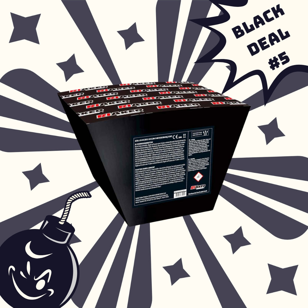 Eine FEUERWERK OUTLET #BLACKDEAL 5 Riakeo HF24105S Pro Display Feuerwerksdose mit einem detaillierten Etikett wird vor einem Retro-Hintergrund mit Sternen, Strahlen, einer Bombe im Comic-Stil und dem fetten Text "BLACK DEAL #5" gezeigt.