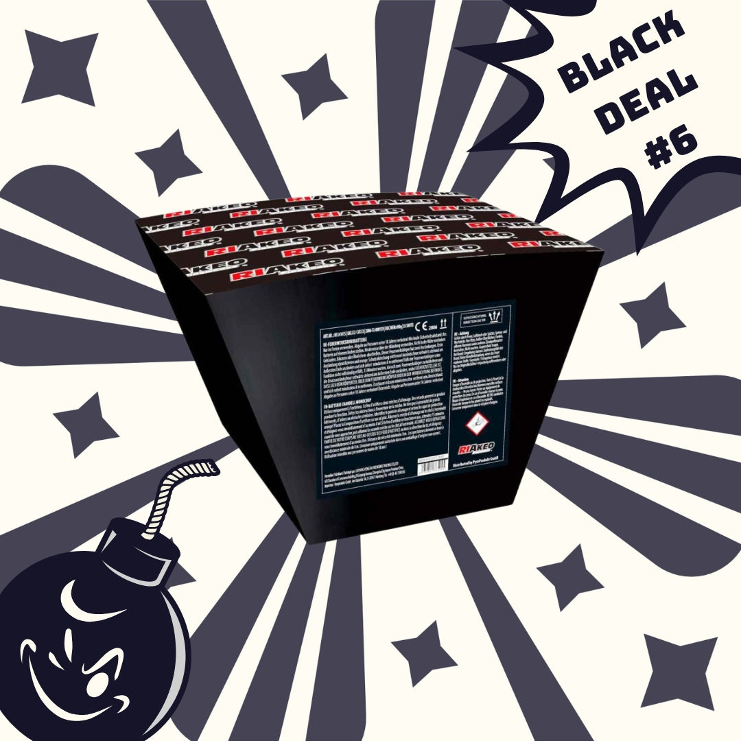 Ein #BLACKDEAL 6 Riakeo HF24106S Pro Display von FEUERWERK OUTLET wird in einer schwarzen Feuerwerkskiste mit Produktetiketten vor einem Hintergrund mit Sternen, einer Cartoon-Bombe und dem fetten Text "BLACK DEAL #6" gezeigt.
