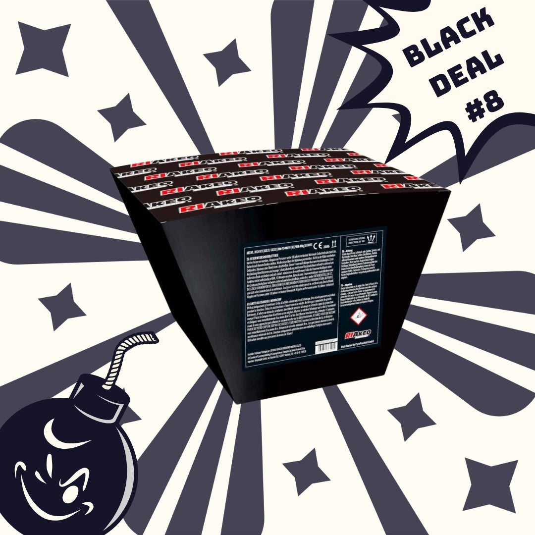 Ein schwarzes, kastenförmiges #BLACKDEAL 8 Riakeo HF24108S Pro Display von FEUERWERK OUTLET steht vor einem Hintergrund im Comic-Stil mit Sternen, einer Bombenillustration und dem fetten Text "BLACK DEAL #8".