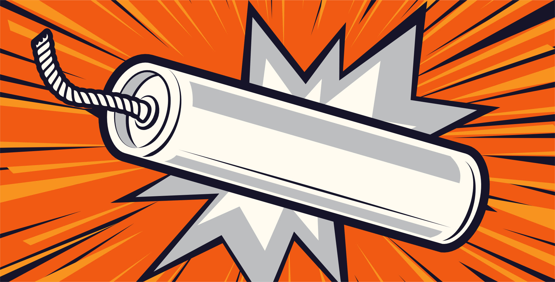 Illustration einer Cartoon-Dynamitstange mit Zündschnur vor einem explosiven orange-weißen Hintergrund. Das Design vermittelt den Eindruck von Energie und Action.
