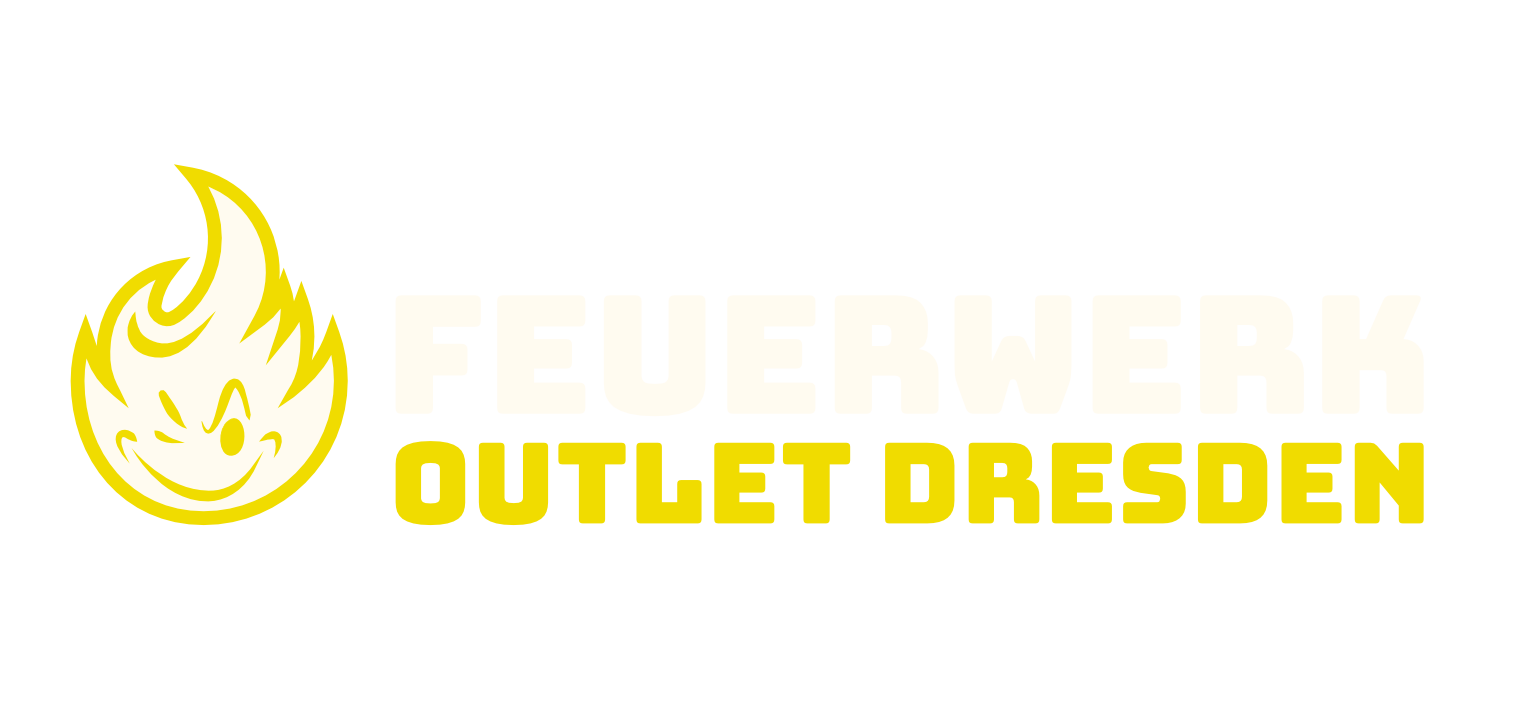 Das Logo für das Feuerwerk Outlet Dresden zeigt eine stilisierte gelbe Flamme mit einem Smiley auf der linken Seite und den Text „FEUERWERK OUTLET DRESDEN“ in fetten weißen und gelben Buchstaben auf der rechten Seite.