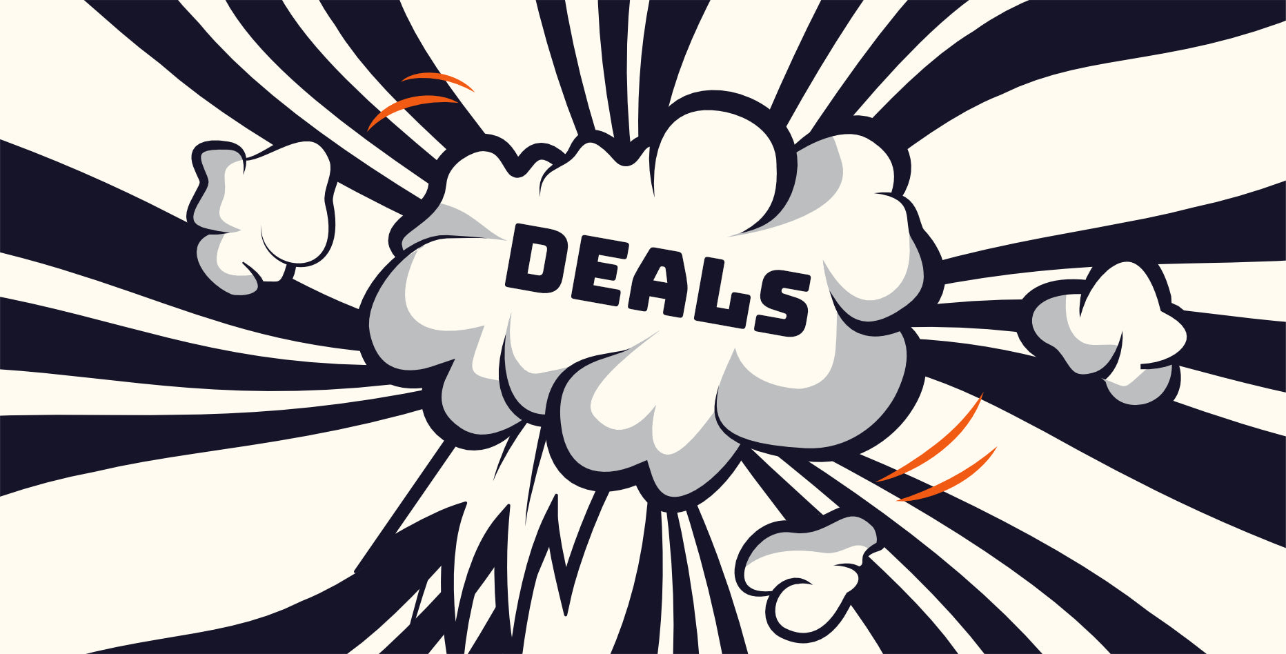 Eine Explosion im Comic-Stil mit dem Wort „DEALS“ in fetten Buchstaben in der Mitte, umgeben von dynamischen schwarzen und weißen Streifen und Rauchwolken, vor einem cremefarbenen Hintergrund.