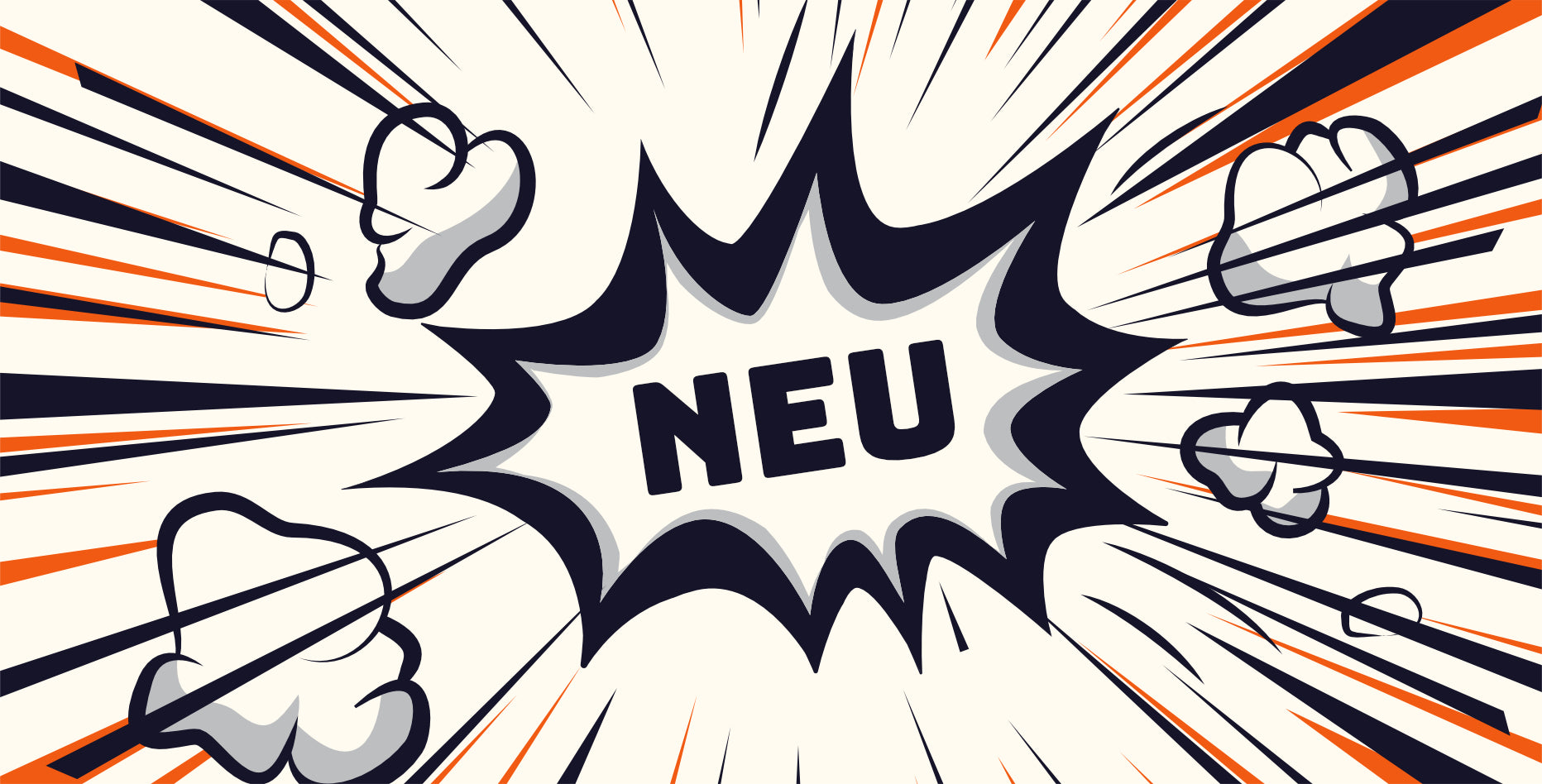 Eine Explosionsgrafik im Comic-Stil mit dem Wort „NEU“ in der Mitte. Strahlende Linien und Rauchwolken sorgen für ein dynamisches Gefühl, wobei ein kräftiges Farbschema aus Schwarz und Orange die dramatische Wirkung verstärkt.