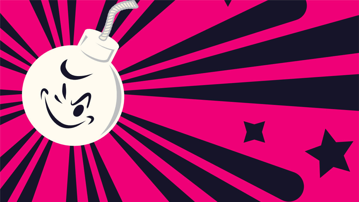 Eine Cartoon-Bombe mit einem schelmischen Gesicht und einer Zündschnur auf einem leuchtend rosa Hintergrund mit schwarzen Starburst-Linien und Sternen.