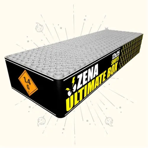 Die Zena Ultimate Box A|B|C Showbox von Zena zeichnet sich durch ein großes rechteckiges Design mit Reihen kreisförmiger Röhren aus, die mit "12025 Schüsse" beschriftet sind und das 1,4G Gefahrensymbol tragen - perfekt für Ihre nächste Silvester-Feuerwerk-Feier.