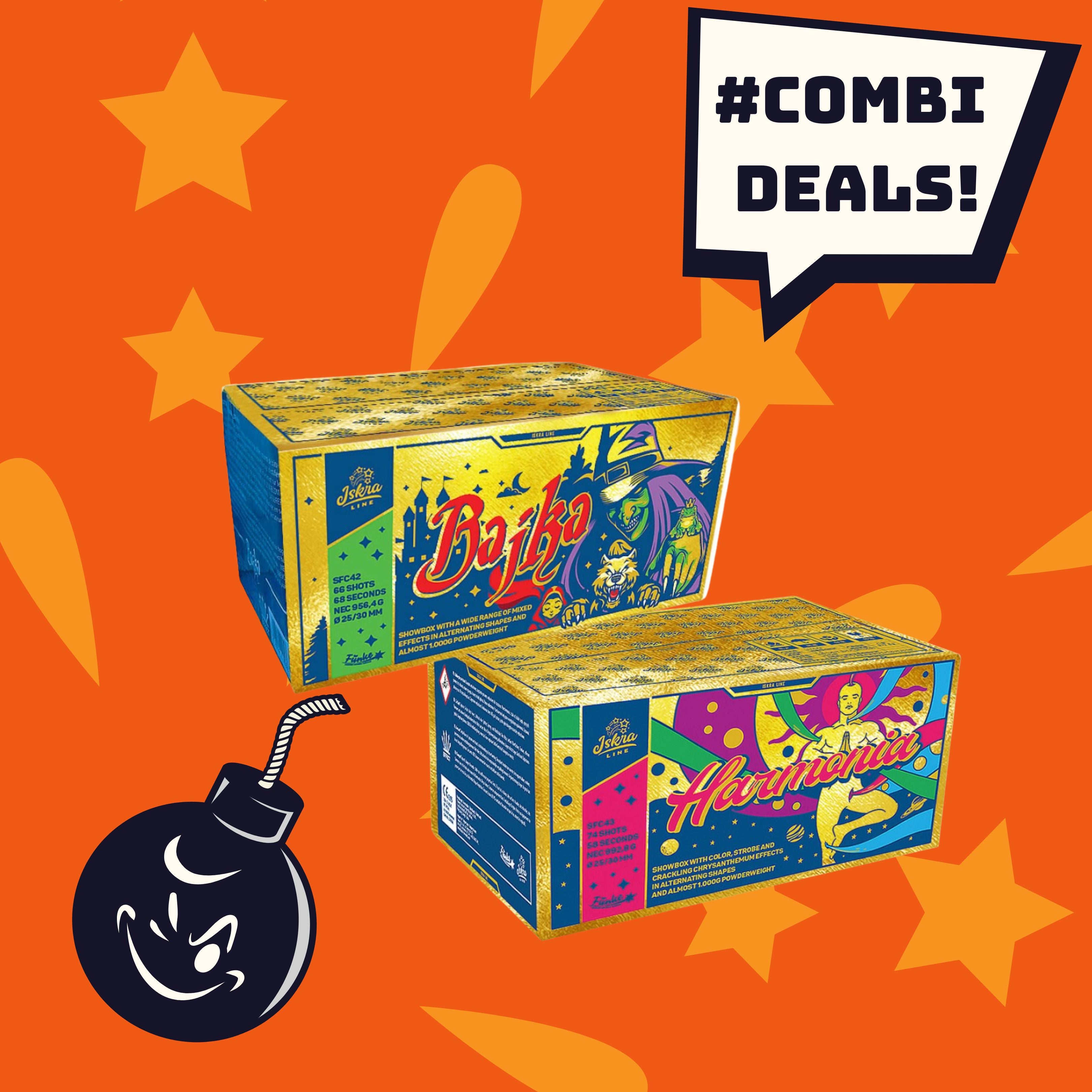 Zwei leuchtende Iskra-Feuerwerkskörper, „Harmonia“ und „Bajka“, sind auf einem orangefarbenen Sternenhintergrund abgebildet. In einer Sprechblase steht „#COMBIDEAL 💣 Iskra Harmonia + Bajka 140sh“, und in der unteren linken Ecke befindet sich eine lächelnde Cartoon-Bombe.