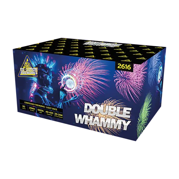 Eine rechteckige "Evo Double Whammy"-Feuerwerksdose von Evolution zeigt bunte Feuerwerkskörper und einen Roboter auf blauem Hintergrund, mit Produktdetails und "80sh" in der oberen Ecke.