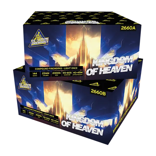 Zwei Schachteln Evo Kingdom of Heaven A|B von Evolution zeigen ein glühendes goldenes Schloss und einen blauen Himmel. Jede Packung enthält 144 Aufnahmen, 2000g Gewicht, Größenangaben und Höhendetails als Teil der EVOLUTION Feuerwerksserie.