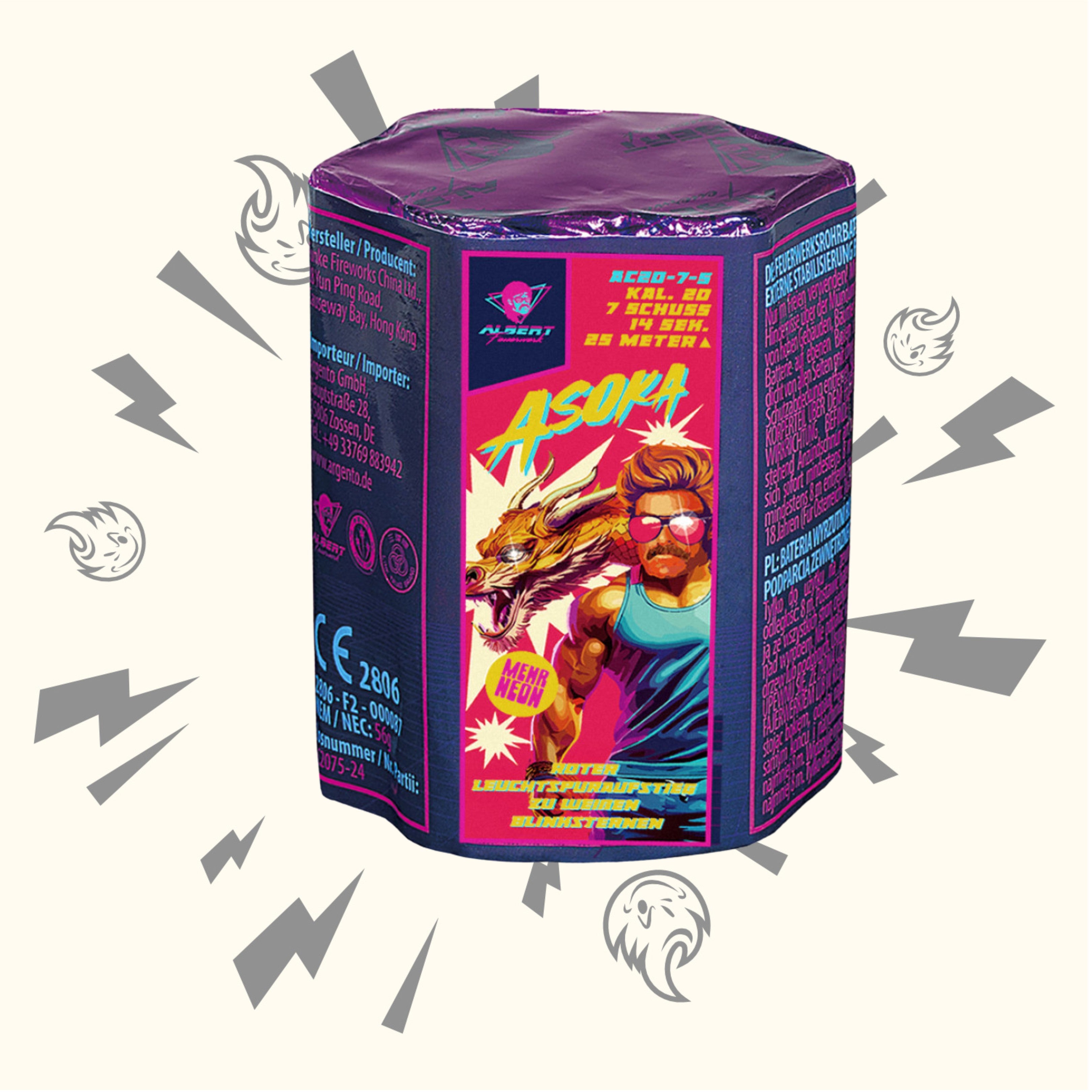 Die Albert Asoka Feuerwerksbatterie 7sh von Albert zeigt einen muskulösen Mann mit Sonnenbrille und einem Drachen vor Neonfarben, grafischen Blitzen und einem cremefarbenen Hintergrund.