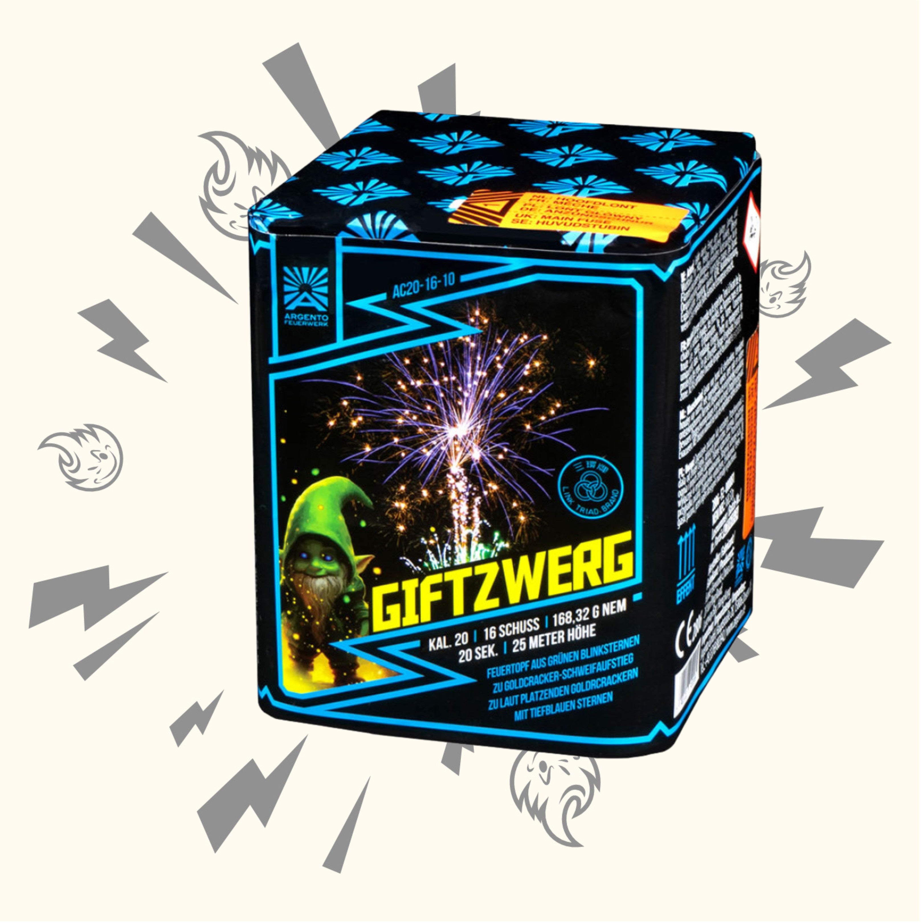 Die würfelförmige Argento Giftzwerg Feuerwerksbatterie 16sh ist mit einem grünen Gnom, blauen Akzenten und Feuerwerksexplosionen versehen. Dekorative graue Funken und Comic-Gesichter zieren die Verpackung auf hellem Hintergrund.