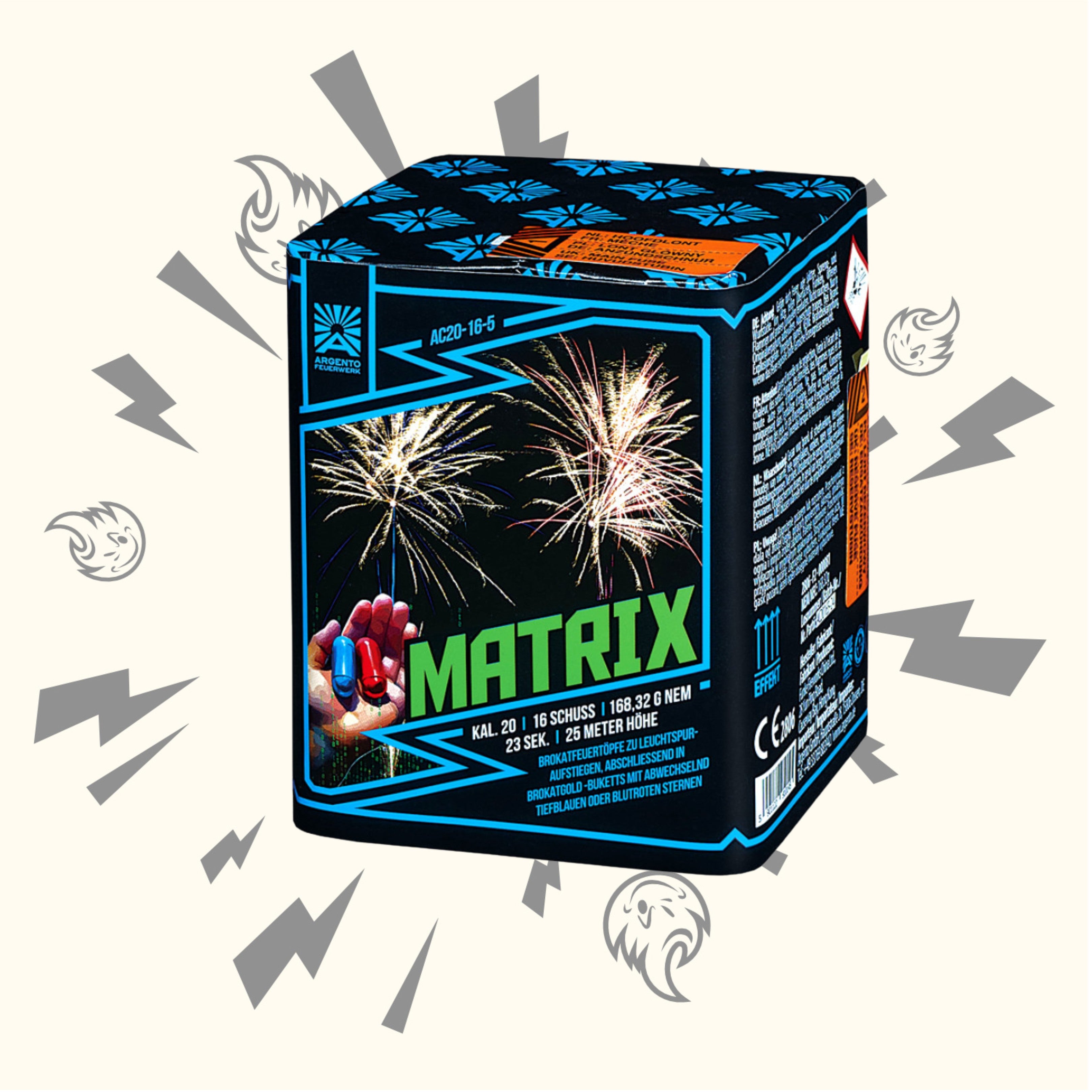 Eine farbenfrohe Schachtel Argento Matrix Feuerwerksbatterie 16sh von Argento mit Feuerwerk am Himmel, einer Hand, die rote und blaue Pillen hält, und Produktdetails an den Seiten, vor einem hellen Hintergrund mit Cartoon-Blitzen und Gesichtern.
