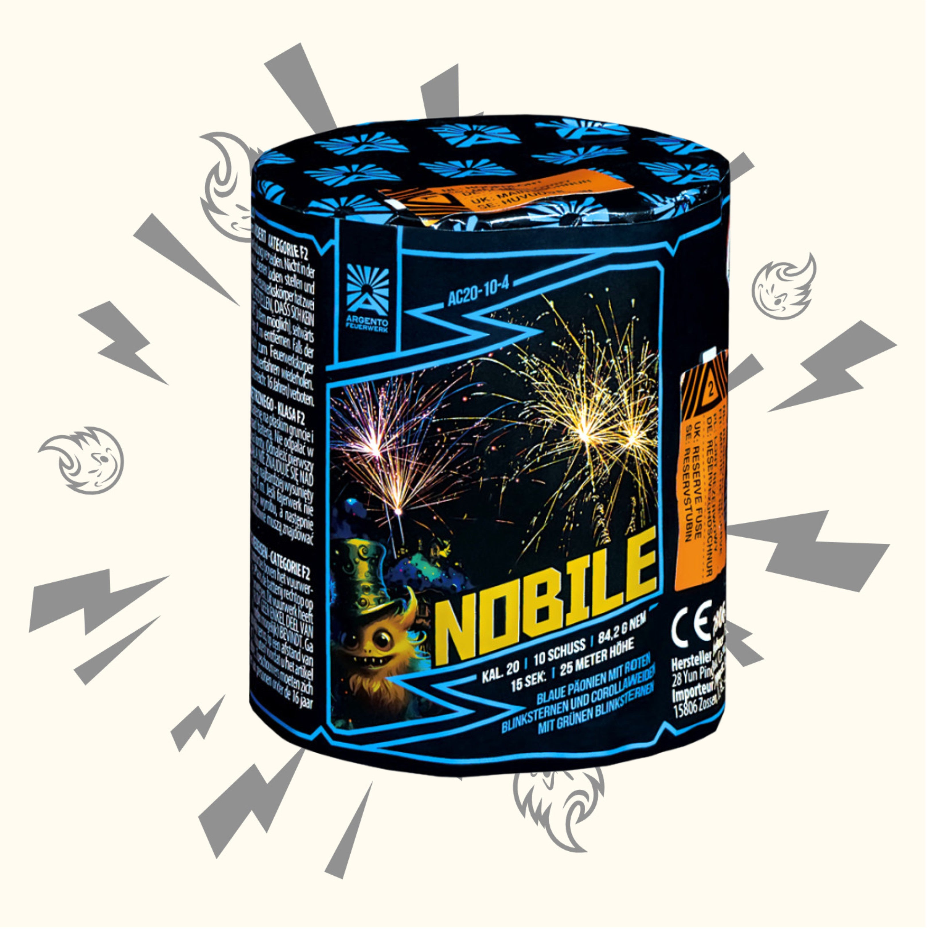 Die Argento Nobile Feuerwerksbatterie 10sh von Argento verfügt über eine zylindrische schwarze Verpackung mit hellen Feuerwerksgrafiken, einem Cartoon-Eichhörnchen mit blauem Hut, bunten Symbolen und illustrierten Blitzen und Flammen.