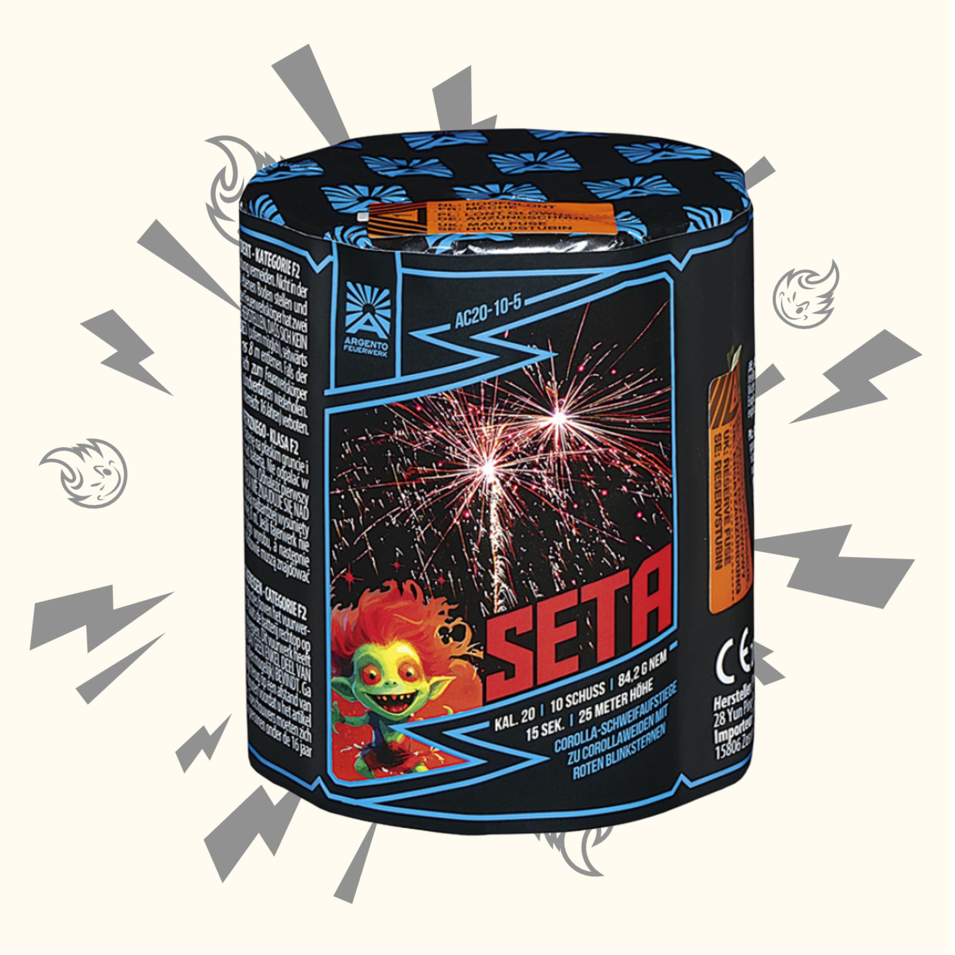 Eine zylindrische Argento Seta Feuerwerksbatterie 10sh von Argento mit Feuerwerk am Himmel, einer rothaarigen Cartoon-Kreatur auf der Vorderseite und grauen Blitzgrafiken im Hintergrund.