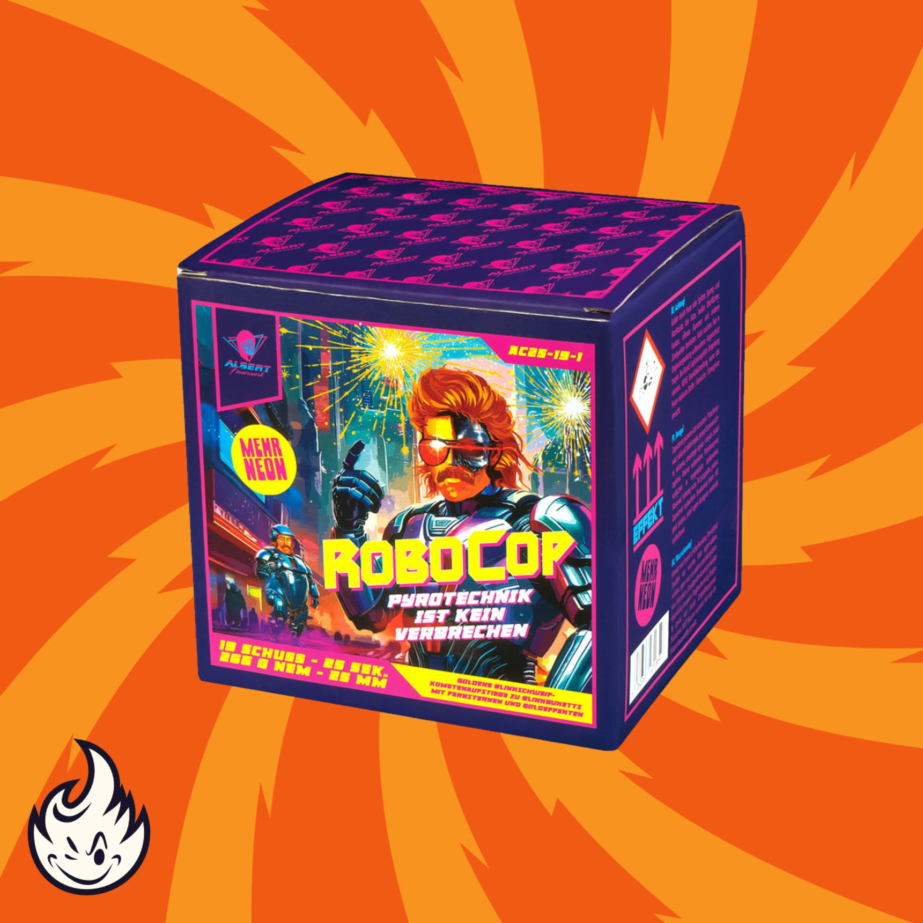 Die „Albert Robocop Feuerwerksbatterie 19sh“ von Albert zeigt auf ihrer bunten Schachtel einen Retro-Roboter-Polizisten mit Sonnenbrille vor einem leuchtend orangefarbenen Wirbelhintergrund mit einem Cartoon-Flammensymbol in der unteren linken Ecke.