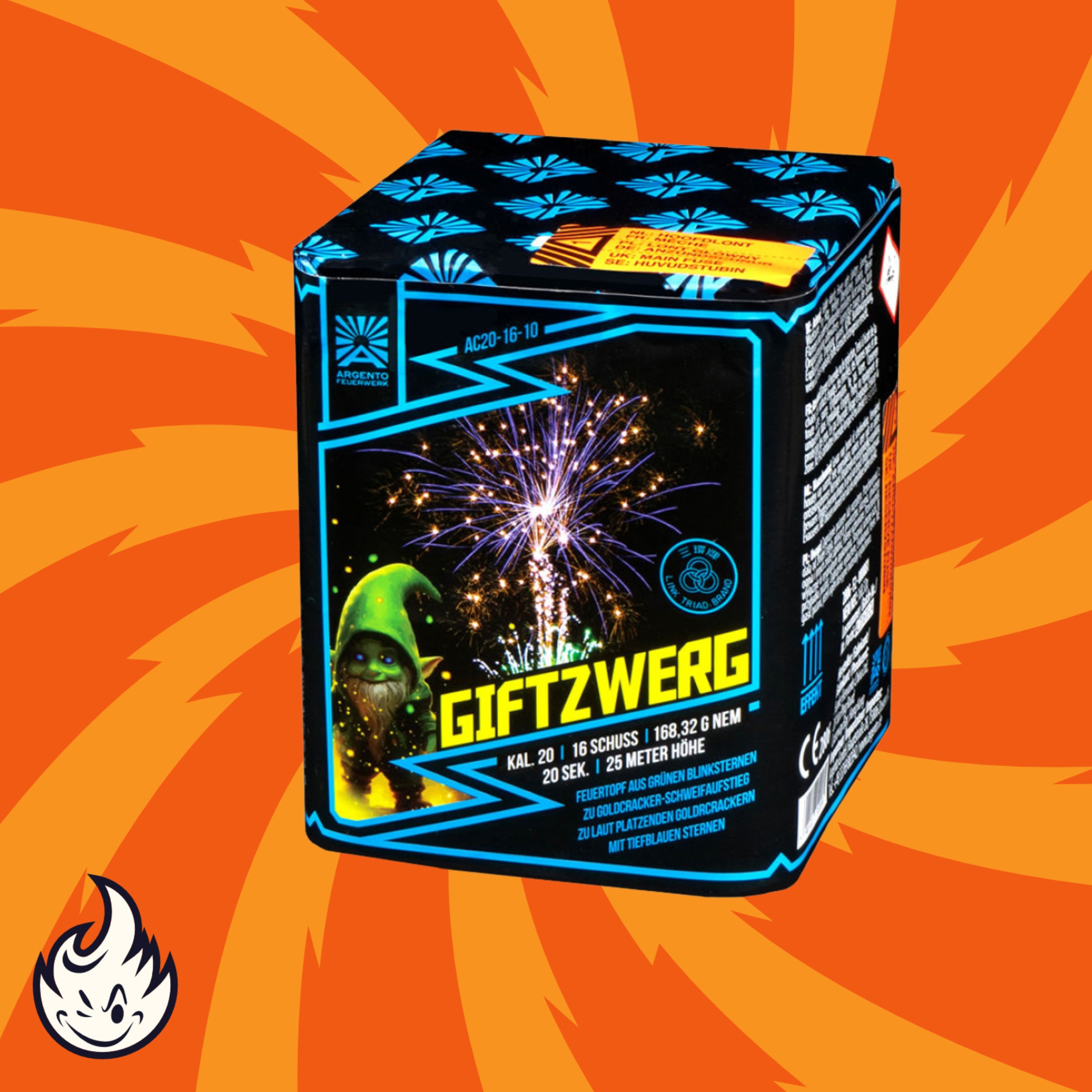 Eine Argento Giftzwerg Feuerwerksbatterie 16sh-Box von Argento mit einer Gnomenillustration und lebendigen Feuerwerksgrafiken befindet sich auf einem orangefarbenen Hintergrund mit gelben Wirbeln. In der unteren linken Ecke ist ein kleines Flammenlogo sichtbar.