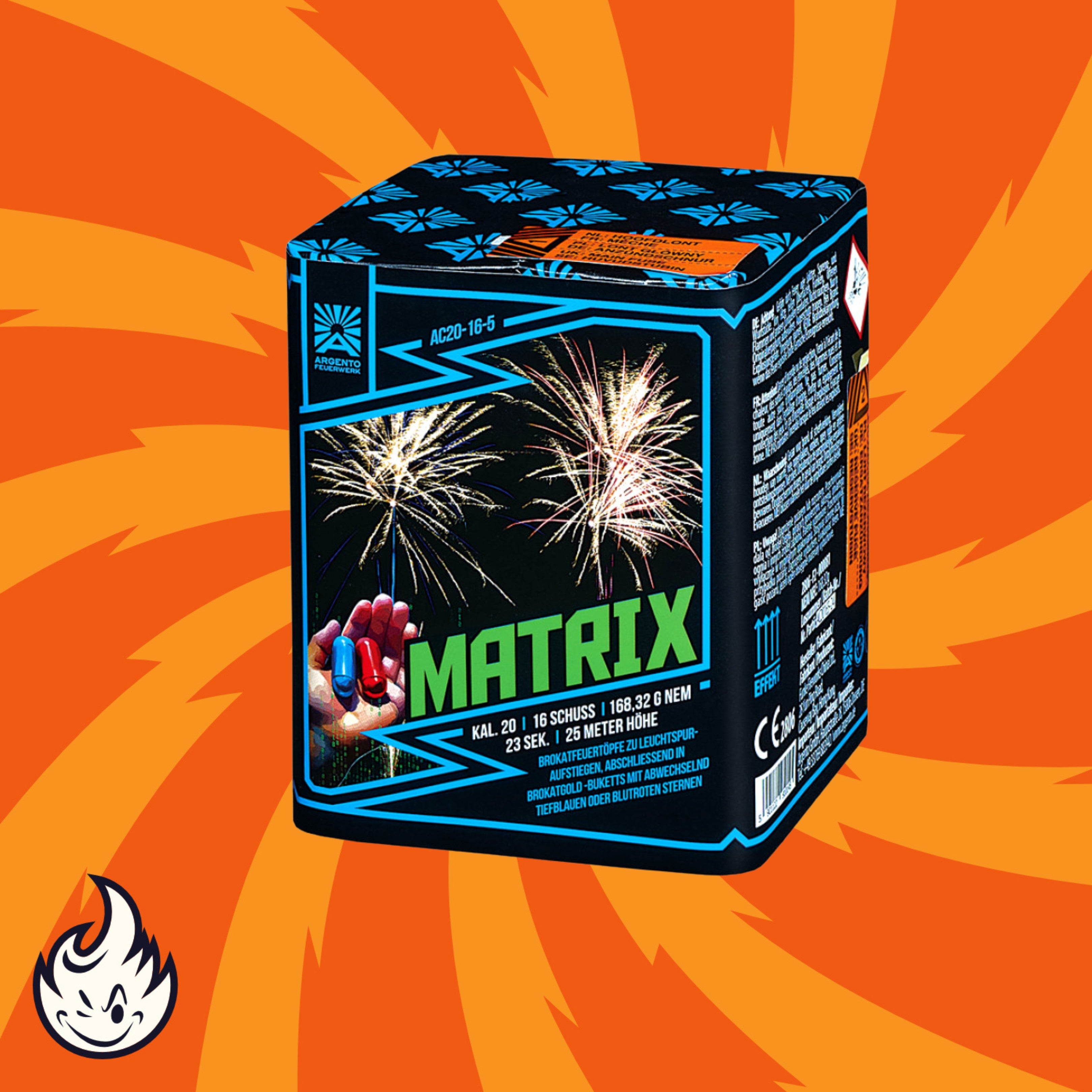 Eine Schachtel Argento Matrix Feuerwerksbatterie 16sh von Argento, die helle Feuerwerkskörper und eine Hand zeigt, die rote und blaue Kapseln hält, mit einem orangefarbenen Spiralhintergrund und einem kleinen Flammenlogo in der Ecke.