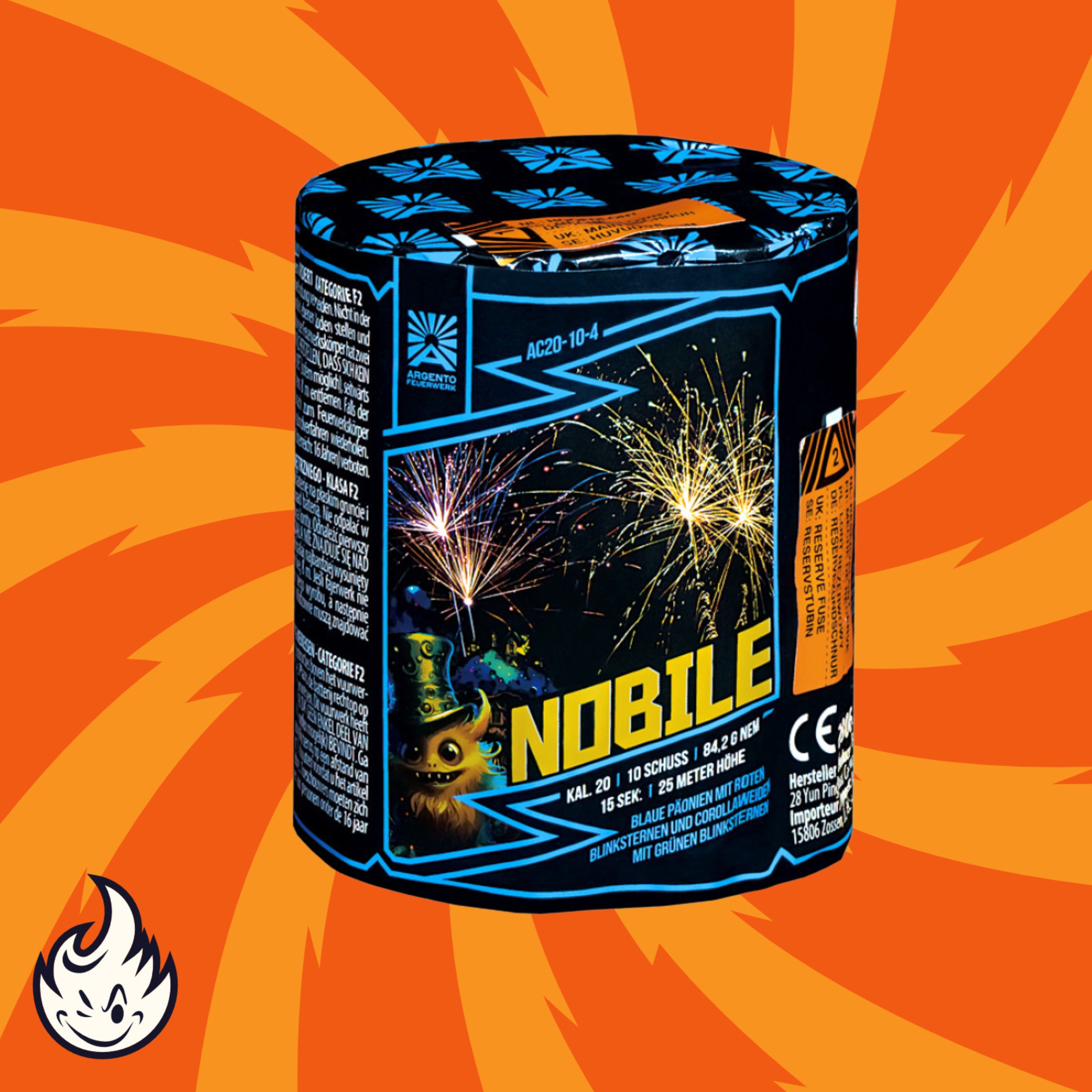 Ein zylindrischer Feuerwerksbehälter der Argento Nobile Feuerwerksbatterie 10sh mit farbenfroher Grafik auf orangefarbenem Hintergrund mit strahlenden Streifen und einem kleinen Flammensymbol in der Ecke.