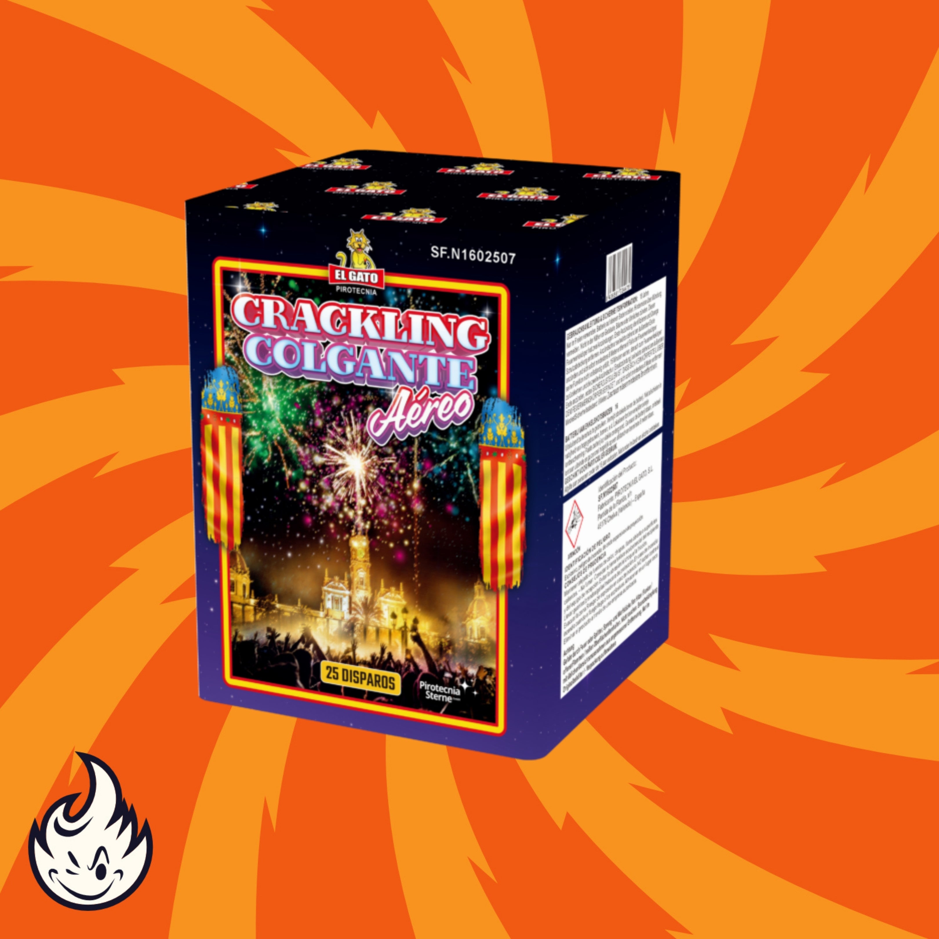 Rechteckige Feuerwerksdose "El Gato Crackling Colgante Aéreo" von El Gato mit bunten Feuerwerkskörpern und Laternen auf orangefarbenem Hintergrund mit wirbelnden gelben Mustern und einem Flammenlogo in der unteren linken Ecke.