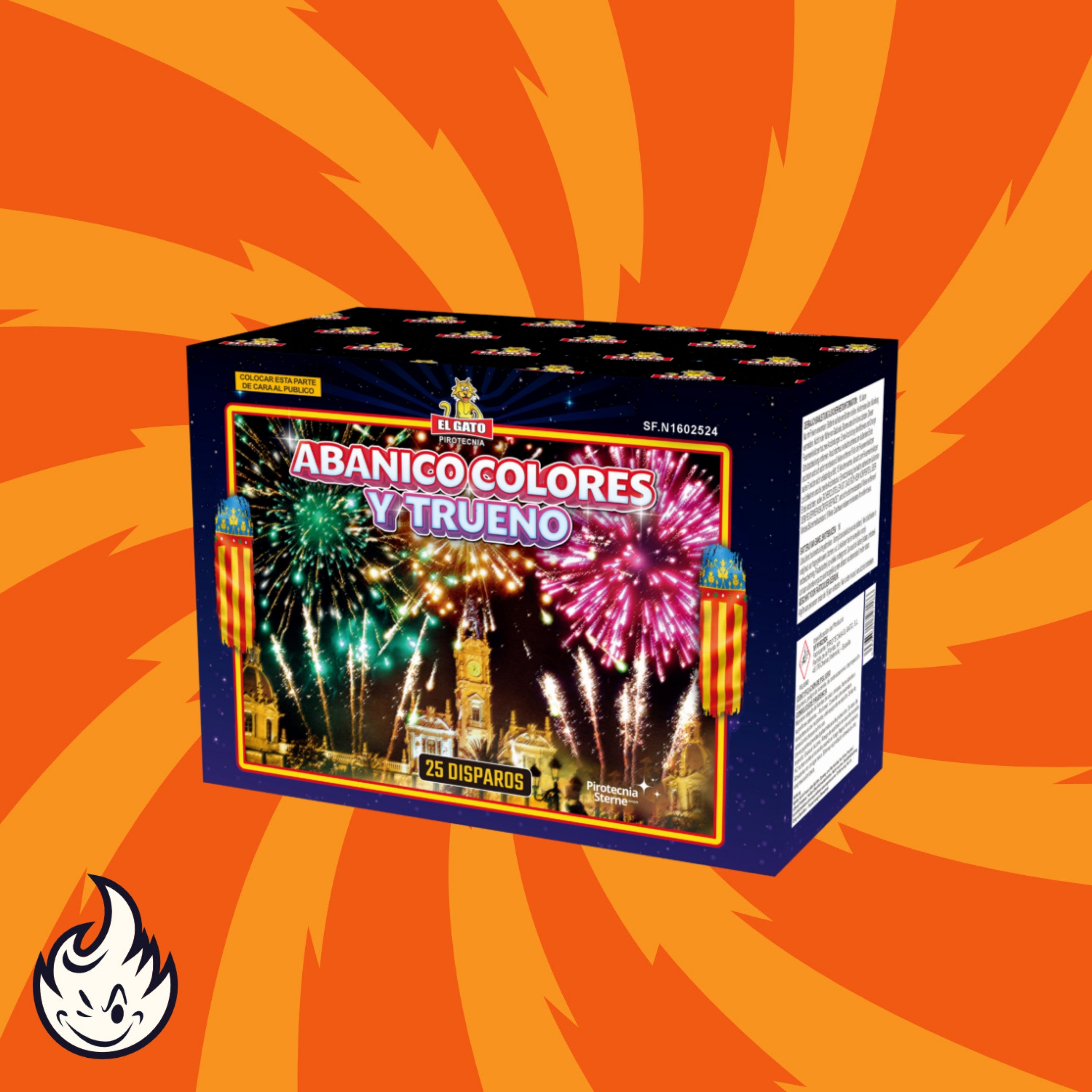 Die leuchtende Feuerwerksdose "El Gato Abanico y Trueno Colores" von El Gato zeigt ein Stadtfeuerwerk auf orangem Hintergrund mit wirbelnden Mustern und einem Flammensymbol in der Ecke.