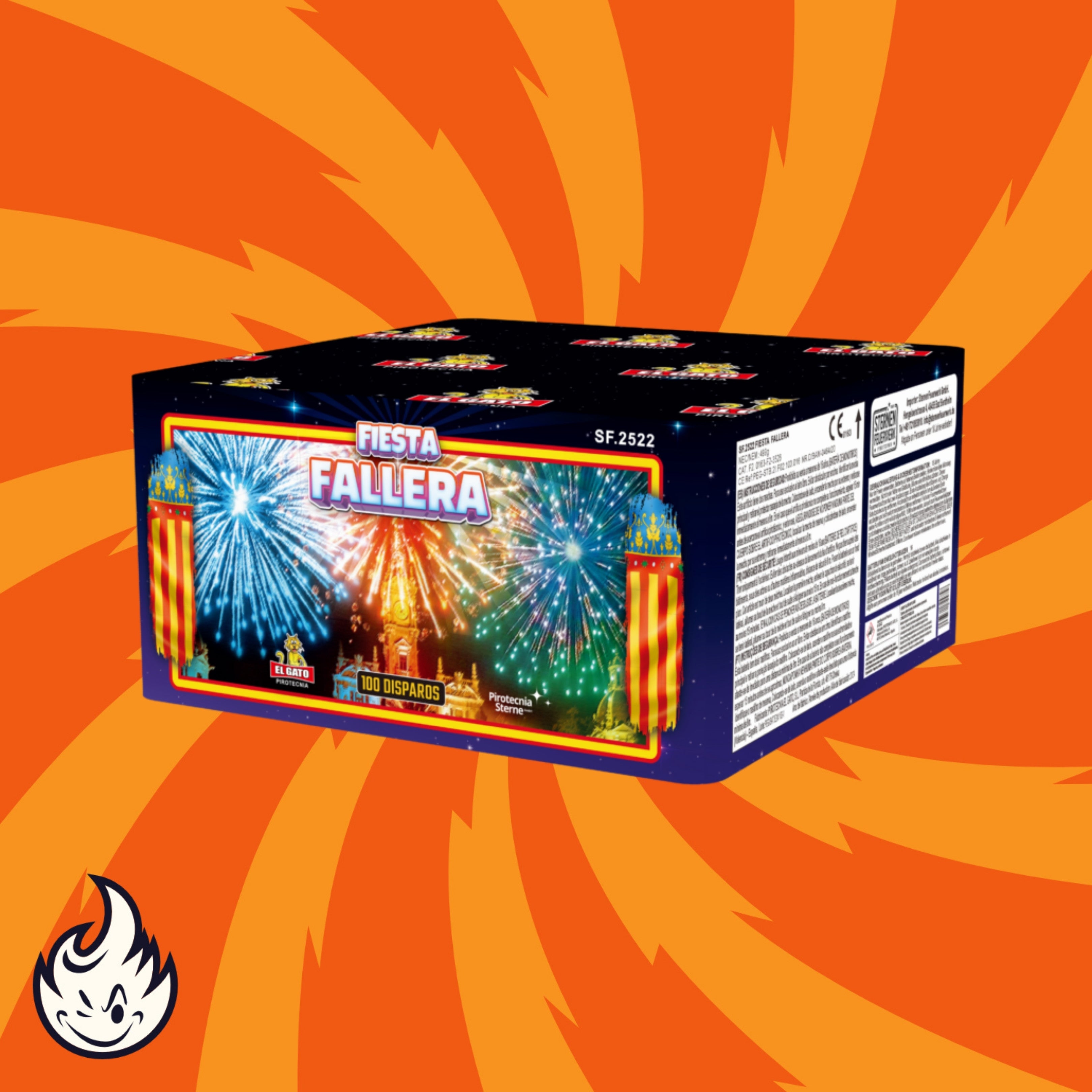 Eine rechteckige Feuerwerksdose mit der Aufschrift "El Gato Fiesta Fallera" von El Gato zeigt ein farbenfrohes Feuerwerk vor einem Nachthimmel, einen orangefarbenen Wirbel als Hintergrund und ein kleines Flammensymbol in der unteren linken Ecke.